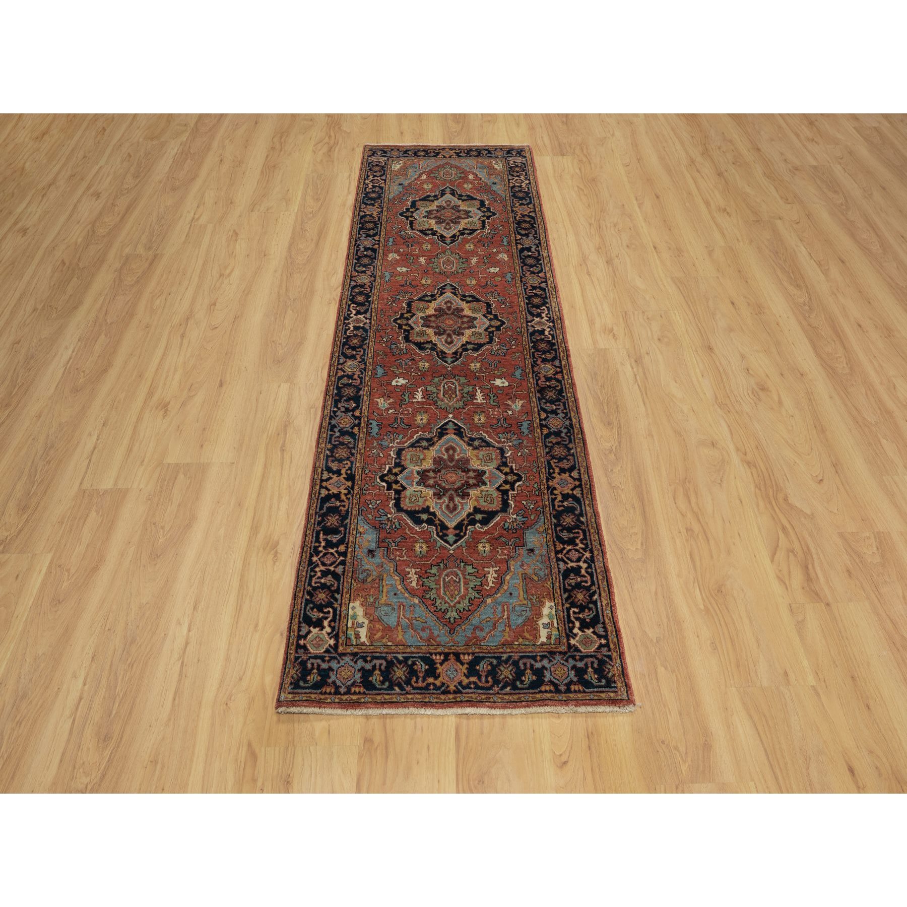 2'6"x8'3" Ochre Red, Antiqued Fine Heriz Re-Creation, Denser Weave, Vegetable Dyes, Soft Wool, Hand Knotted, Lush and Plush, Runner, Oriental Rug Sh91384