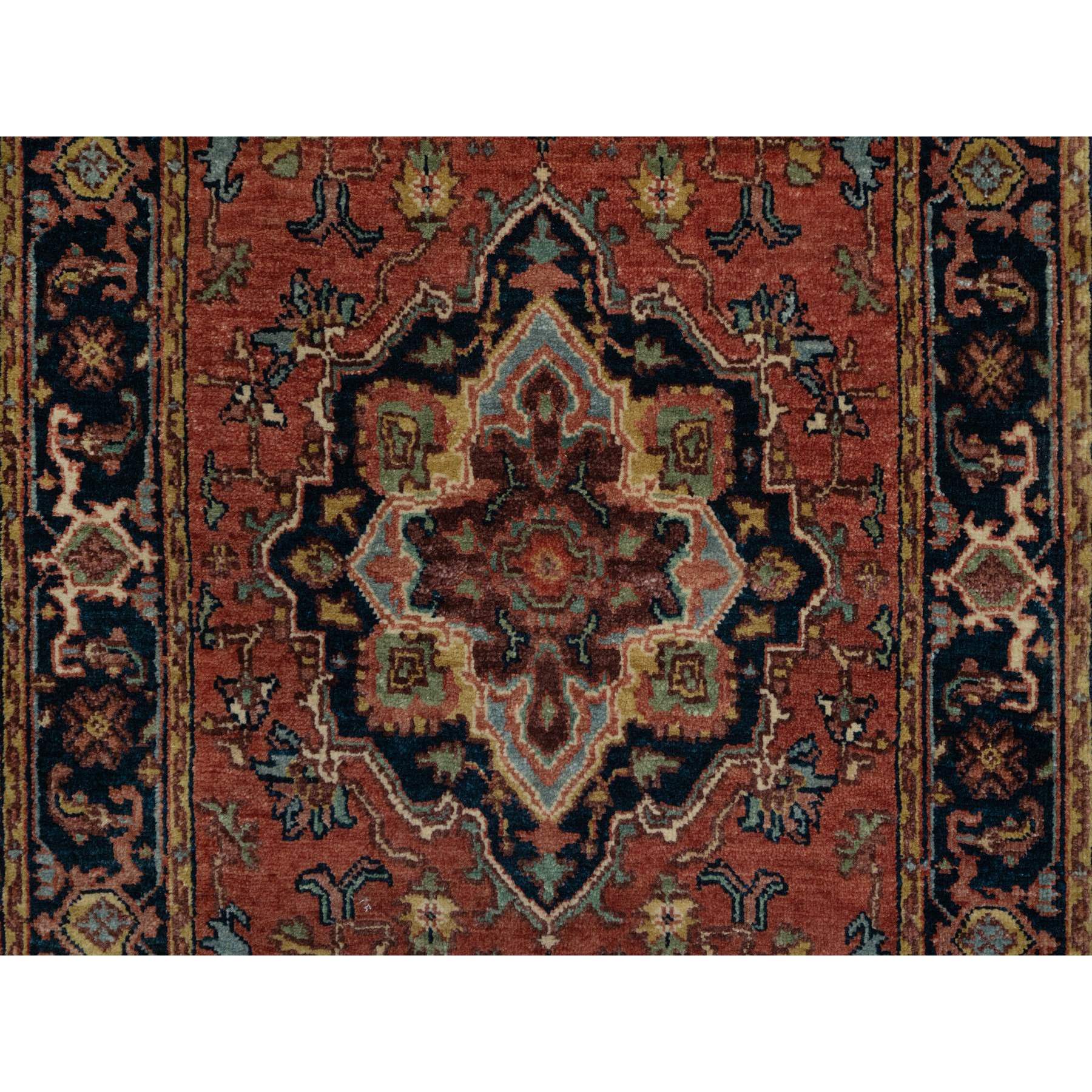 2'6"x8'3" Ochre Red, Antiqued Fine Heriz Re-Creation, Denser Weave, Vegetable Dyes, Soft Wool, Hand Knotted, Lush and Plush, Runner, Oriental Rug Sh91384