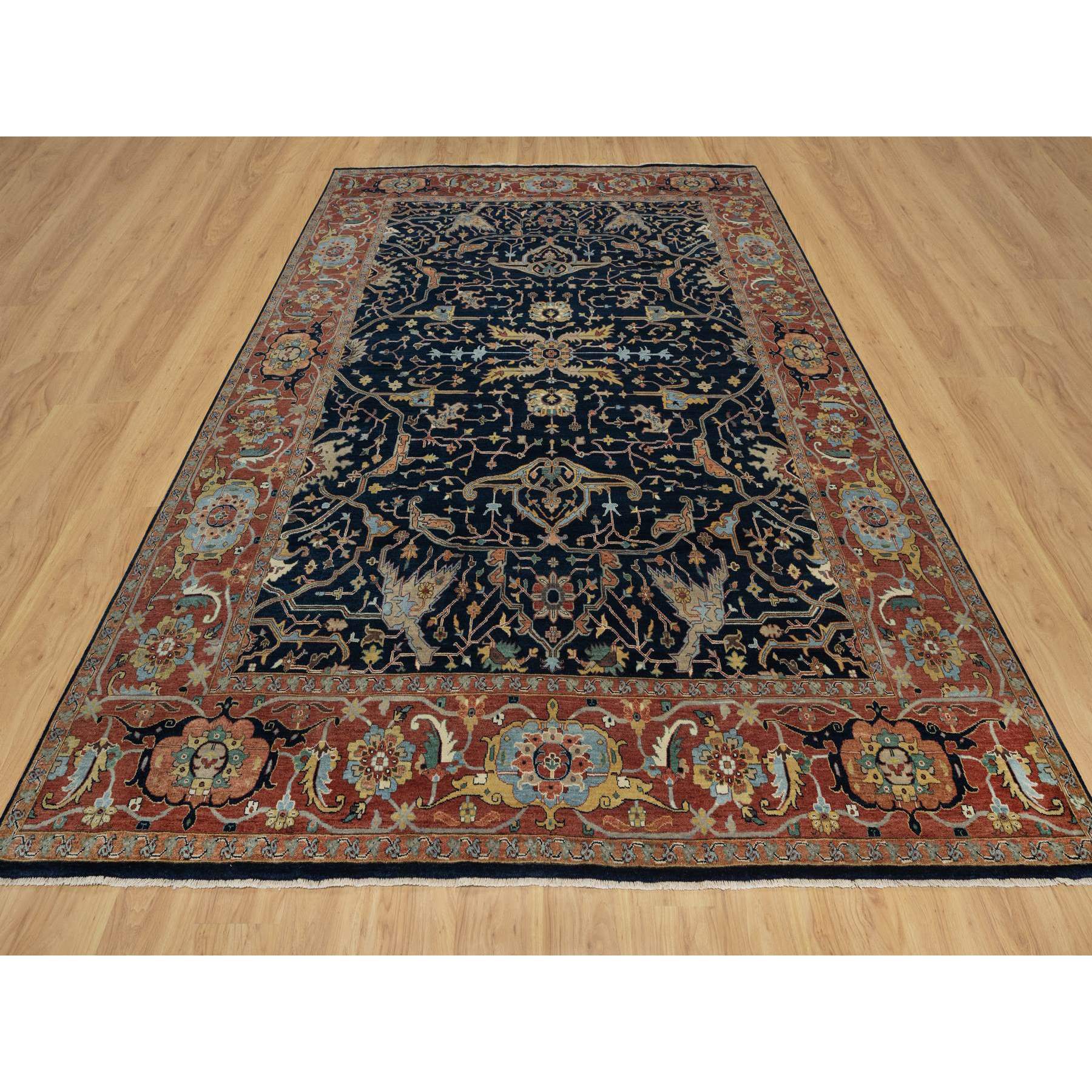 9'x12'2" Midnight Blue, Antiqued Fine Heriz Re-Creation with All Over Vines Design, Hand Knotted, Soft Pile, Vegetable Dyes, 100% Wool, Oriental Rug Sh91385