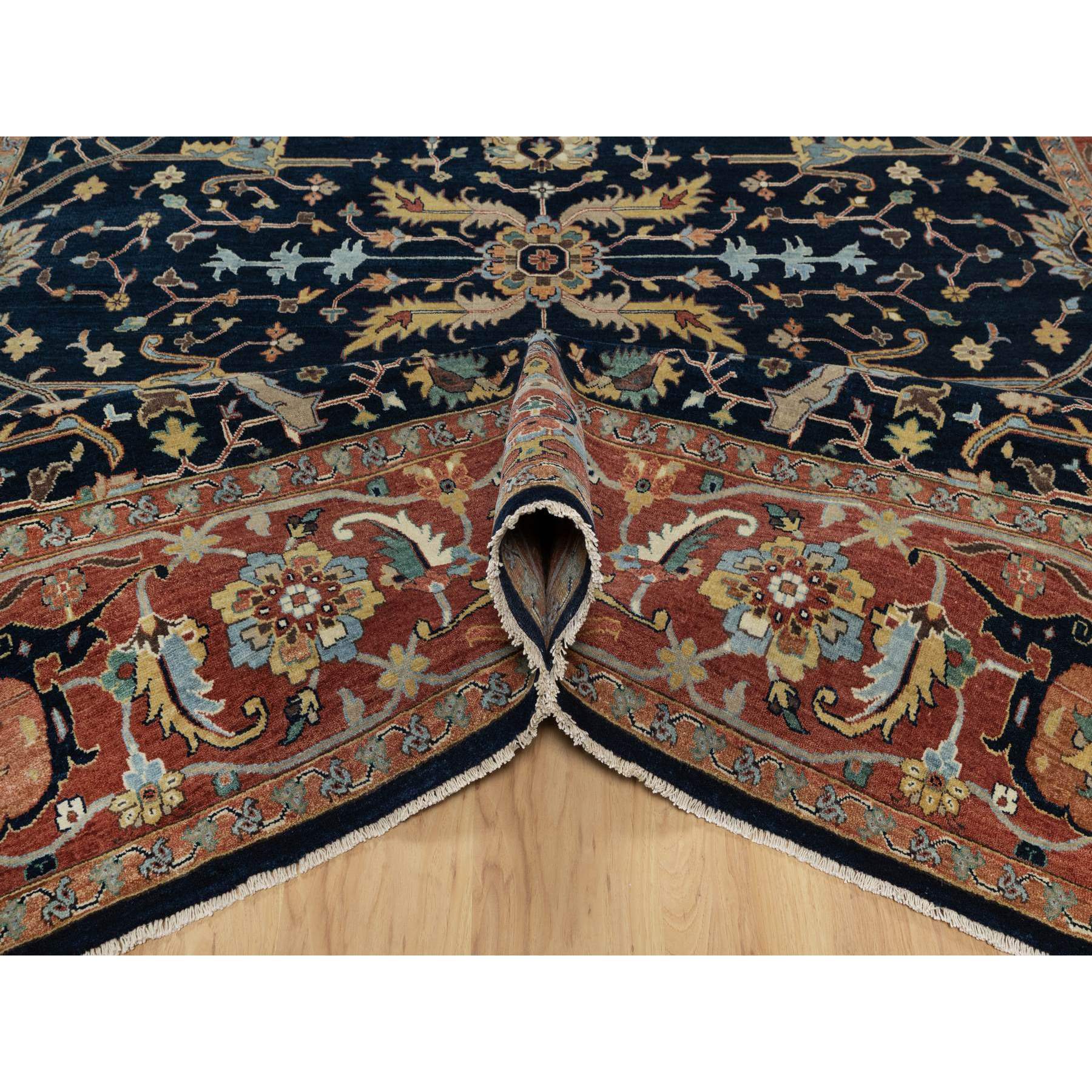 9'x12'2" Midnight Blue, Antiqued Fine Heriz Re-Creation with All Over Vines Design, Hand Knotted, Soft Pile, Vegetable Dyes, 100% Wool, Oriental Rug Sh91385