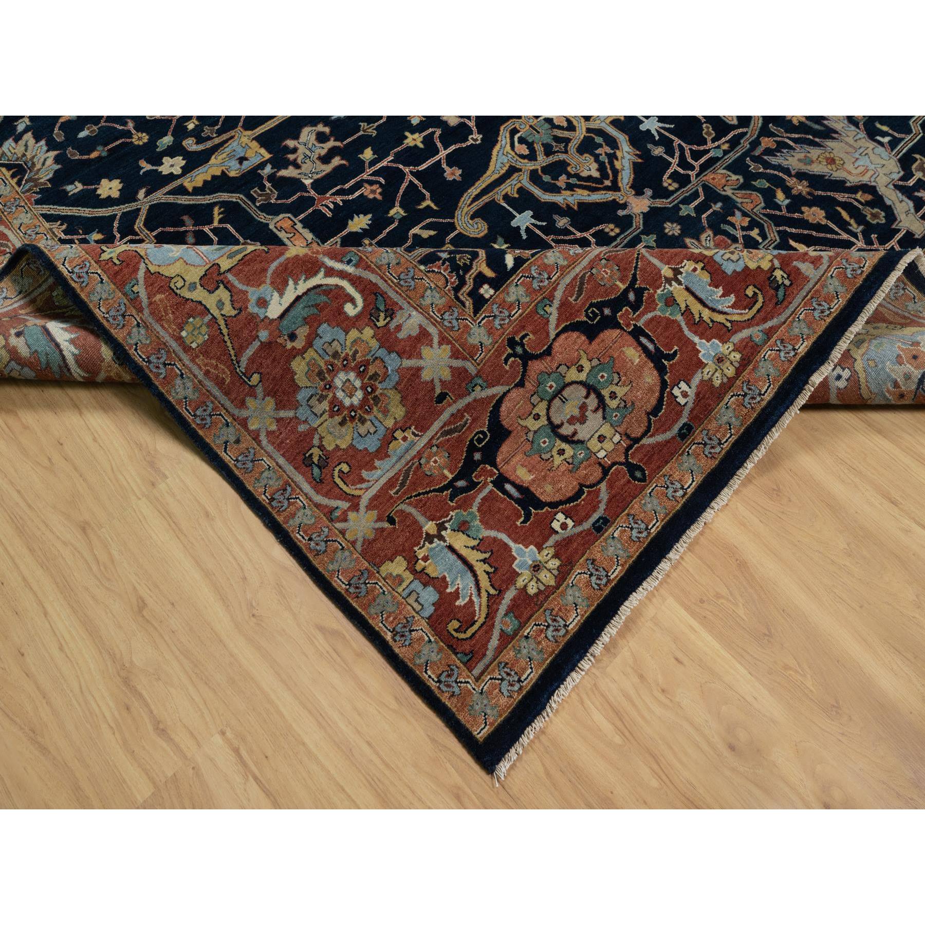 9'x12'2" Midnight Blue, Antiqued Fine Heriz Re-Creation with All Over Vines Design, Hand Knotted, Soft Pile, Vegetable Dyes, 100% Wool, Oriental Rug Sh91385