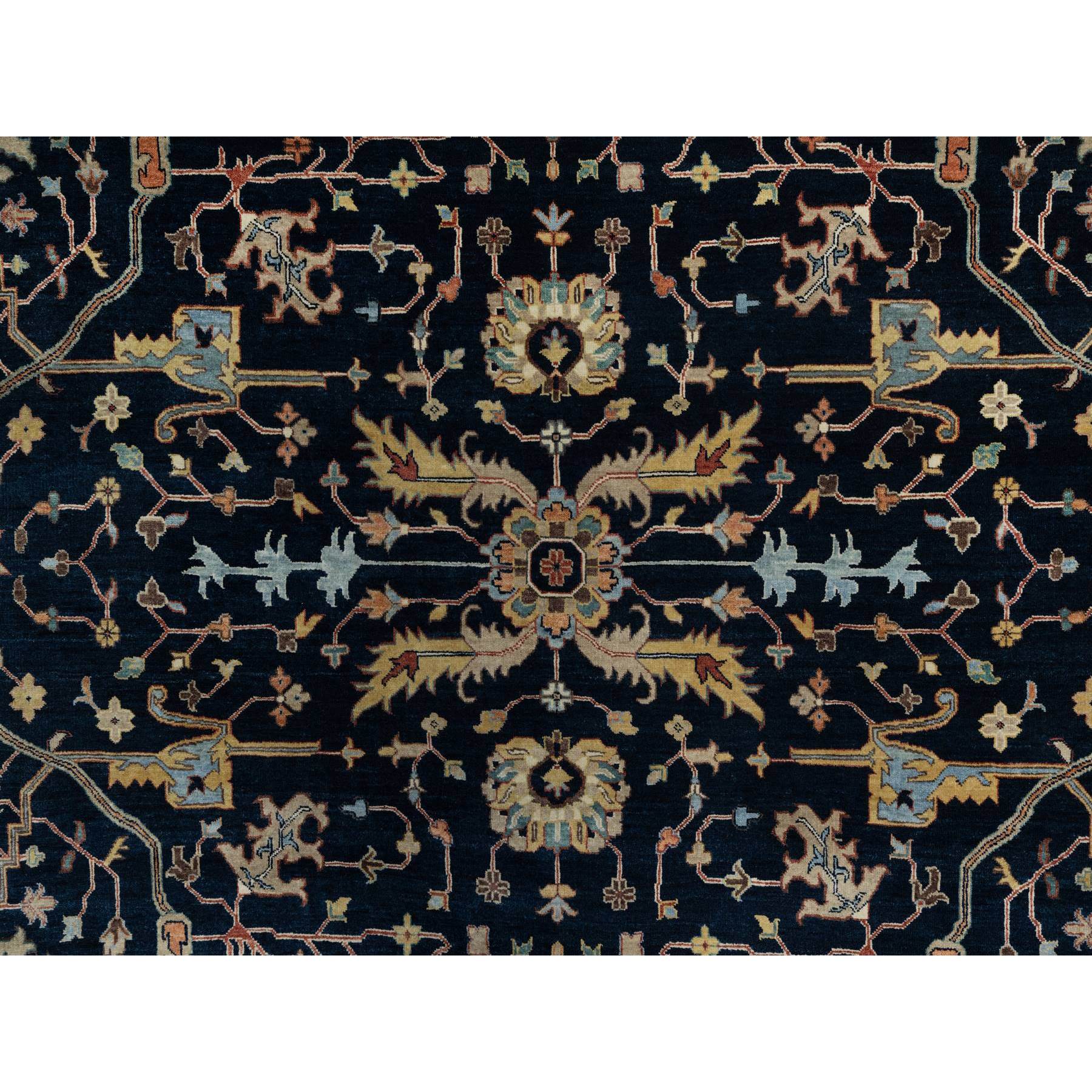 9'x12'2" Midnight Blue, Antiqued Fine Heriz Re-Creation with All Over Vines Design, Hand Knotted, Soft Pile, Vegetable Dyes, 100% Wool, Oriental Rug Sh91385