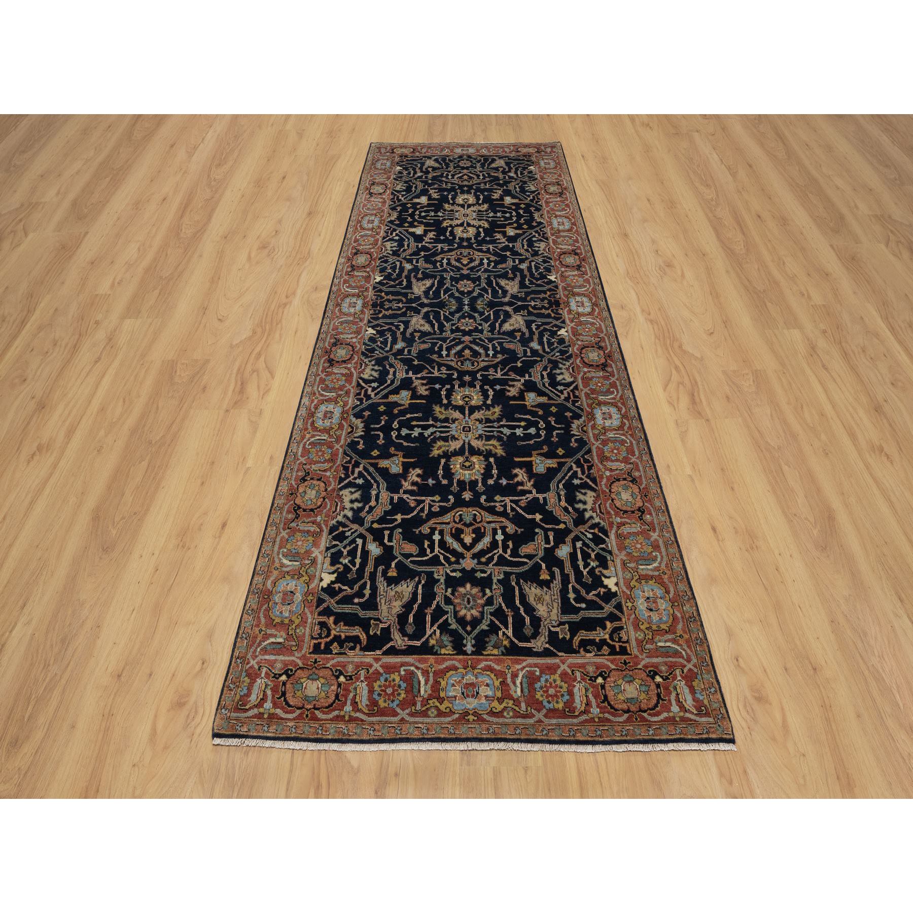 4'2"x12'2" Space Cadet Blue, Antiqued Fine Heriz Re-Creation with All Over Vines Design, Hand Knotted, Pure Wool, Soft Pile, Vegetable Dyes, Wide Runner, Oriental Rug Sh91386