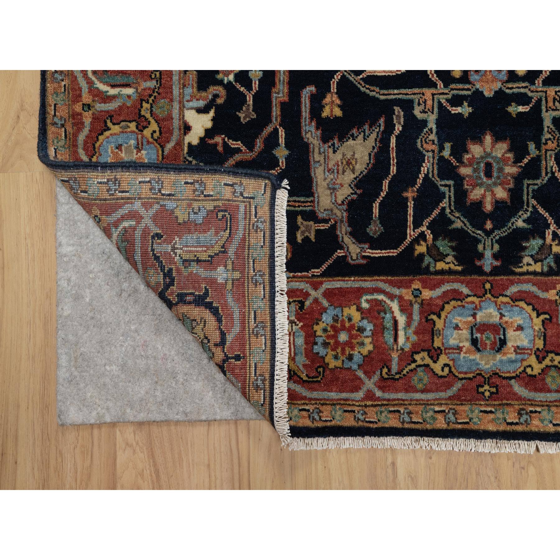 4'2"x12'2" Space Cadet Blue, Antiqued Fine Heriz Re-Creation with All Over Vines Design, Hand Knotted, Pure Wool, Soft Pile, Vegetable Dyes, Wide Runner, Oriental Rug Sh91386