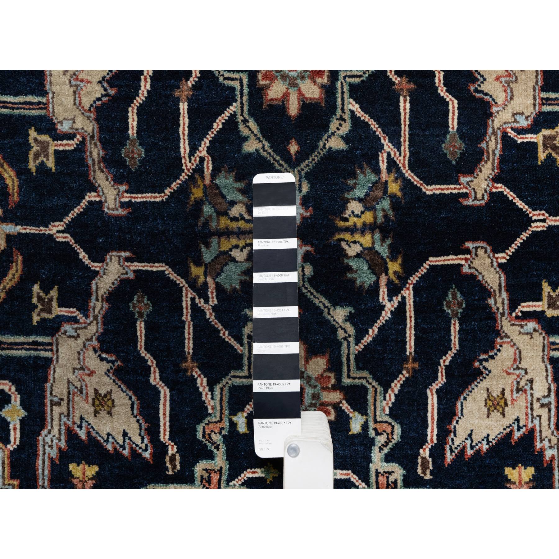 4'2"x12'2" Space Cadet Blue, Antiqued Fine Heriz Re-Creation with All Over Vines Design, Hand Knotted, Pure Wool, Soft Pile, Vegetable Dyes, Wide Runner, Oriental Rug Sh91386