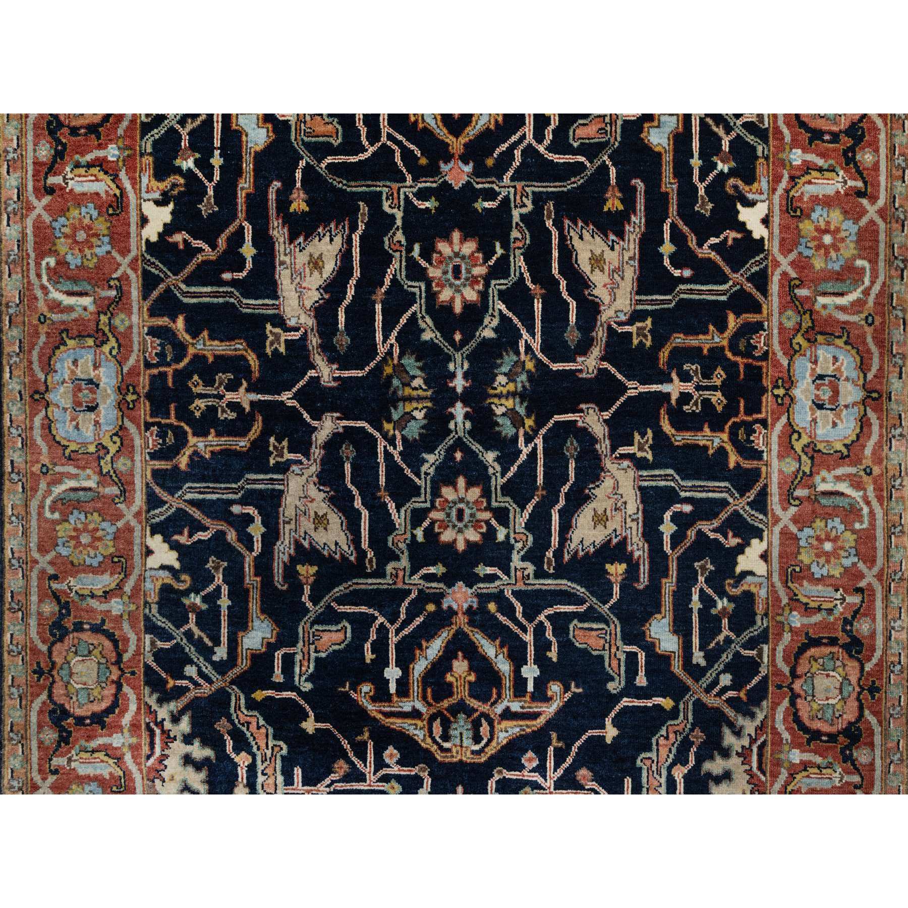 4'2"x12'2" Space Cadet Blue, Antiqued Fine Heriz Re-Creation with All Over Vines Design, Hand Knotted, Pure Wool, Soft Pile, Vegetable Dyes, Wide Runner, Oriental Rug Sh91386