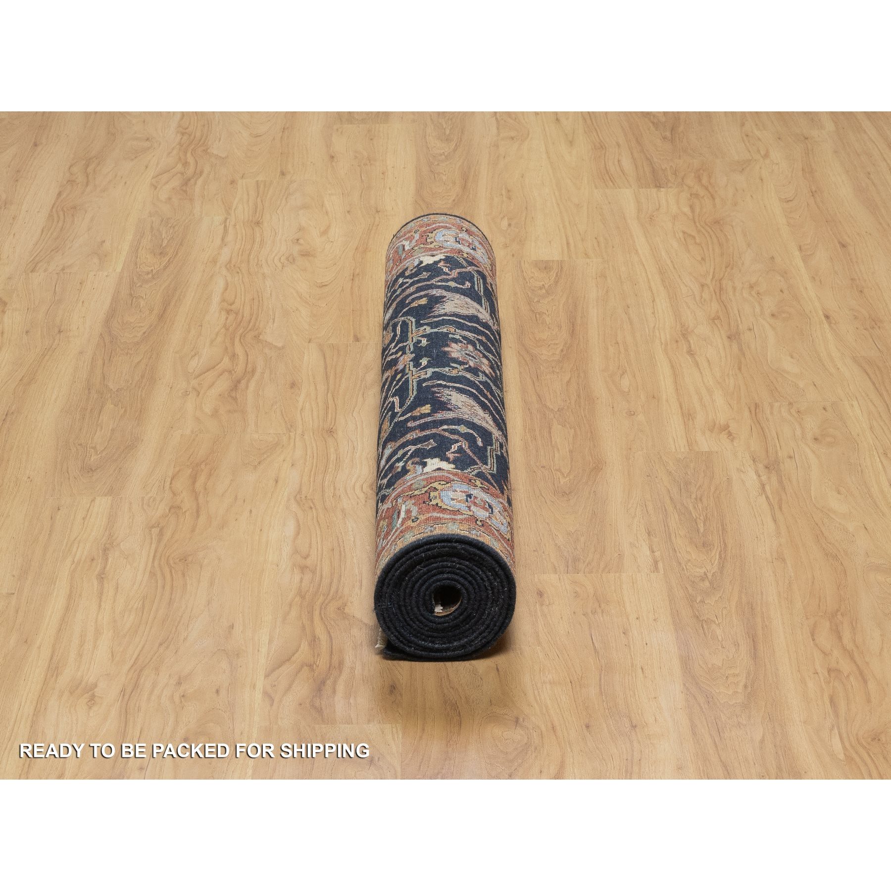 4'2"x12'2" Space Cadet Blue, Antiqued Fine Heriz Re-Creation with All Over Vines Design, Hand Knotted, Pure Wool, Soft Pile, Vegetable Dyes, Wide Runner, Oriental Rug Sh91386