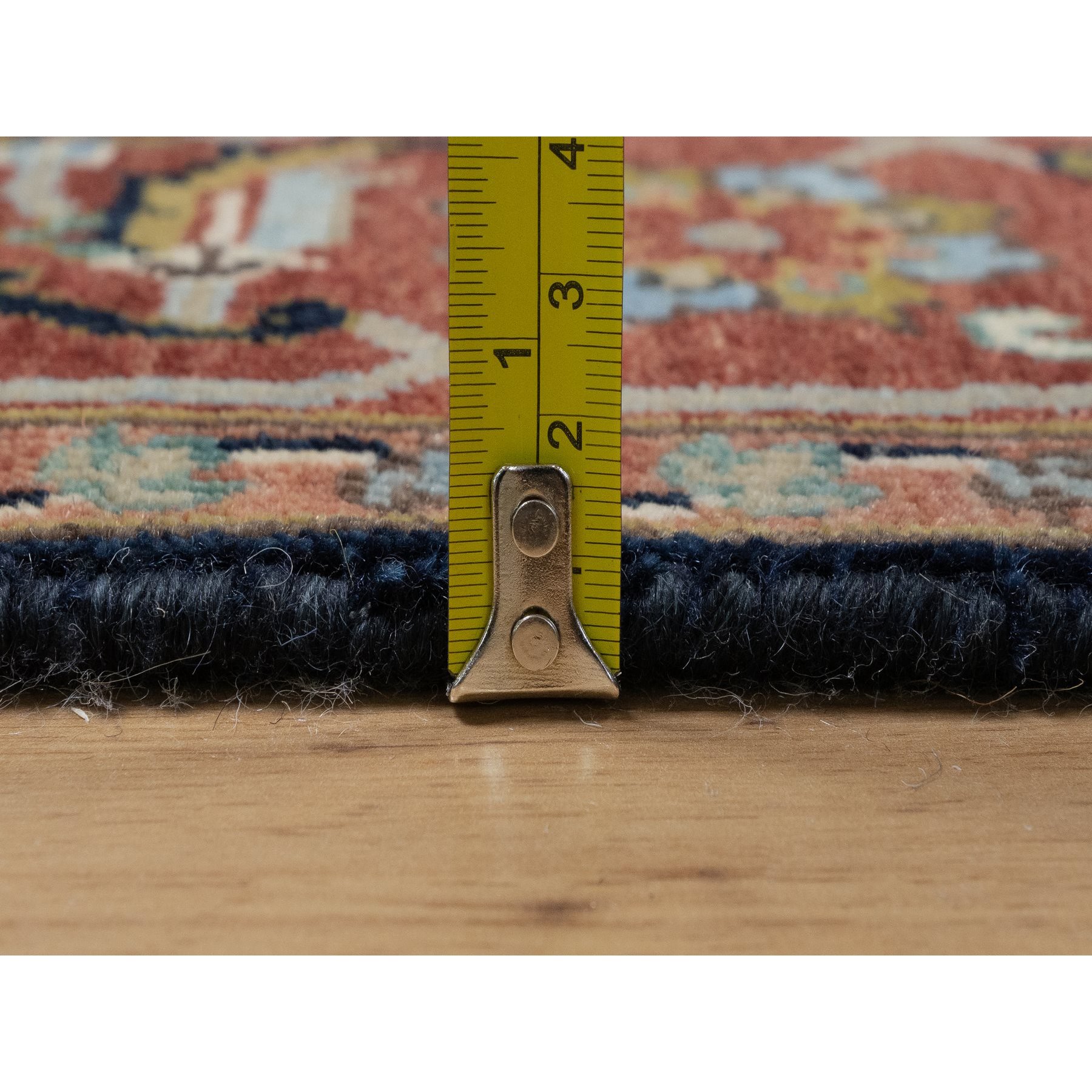 4'2"x12'2" Space Cadet Blue, Antiqued Fine Heriz Re-Creation with All Over Vines Design, Hand Knotted, Pure Wool, Soft Pile, Vegetable Dyes, Wide Runner, Oriental Rug Sh91386