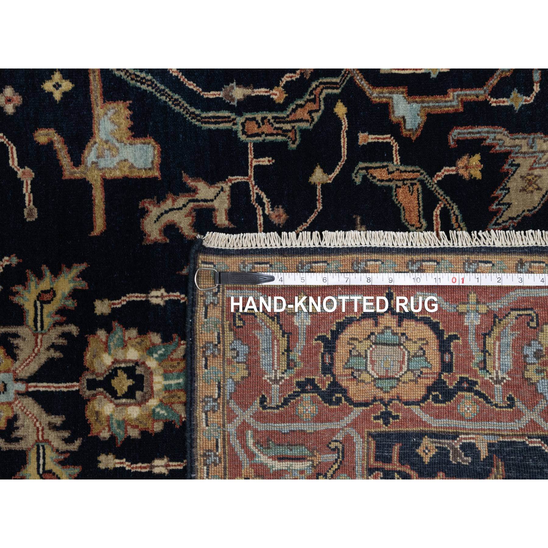 4'2"x12'2" Space Cadet Blue, Antiqued Fine Heriz Re-Creation with All Over Vines Design, Hand Knotted, Pure Wool, Soft Pile, Vegetable Dyes, Wide Runner, Oriental Rug Sh91386