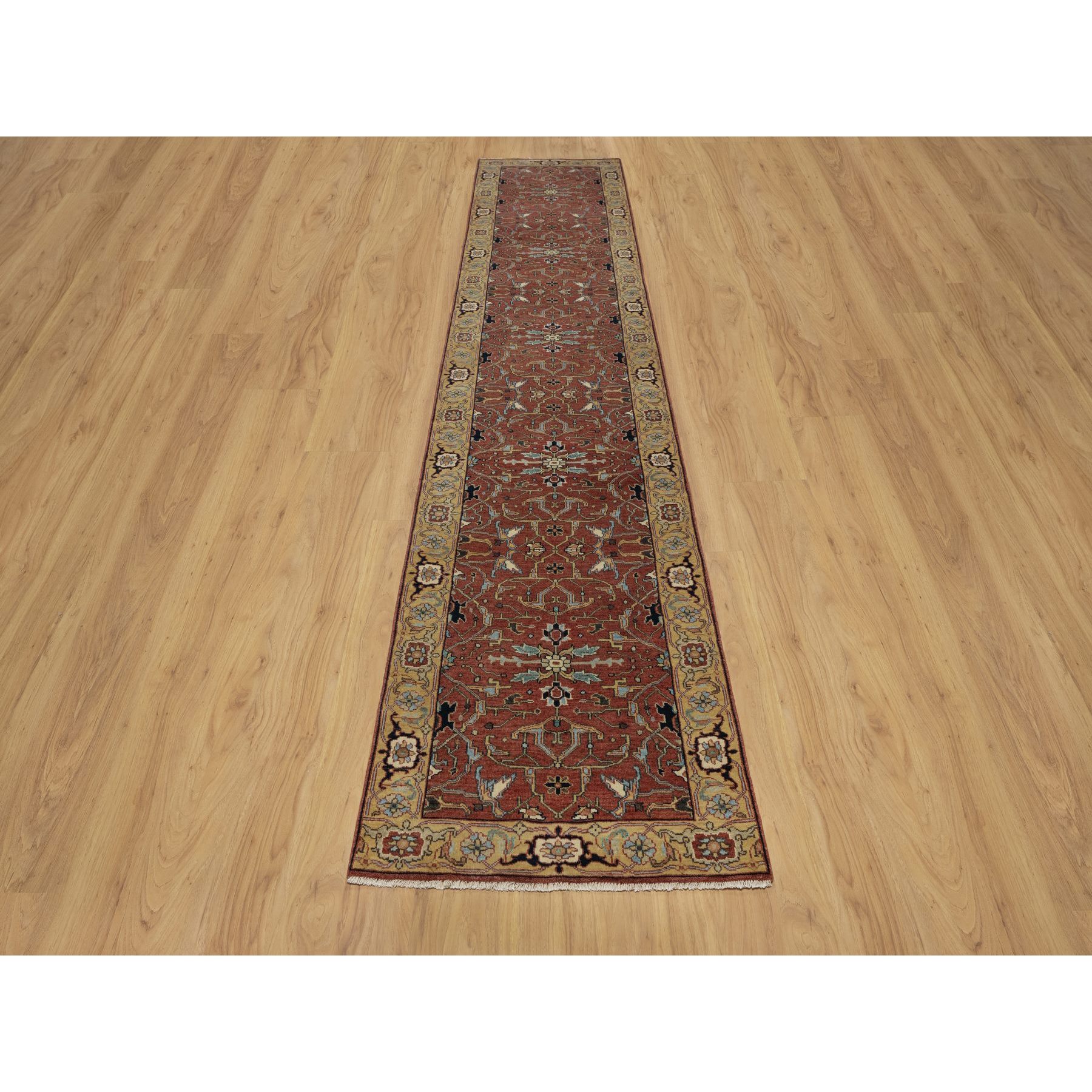 2'8"x14'1" Currant Red, Antiqued Fine Heriz Re-Creation with All Over Vines Design, Hand Knotted, 100% Wool, Vegetable Dyes, Denser Weave, Lush and Plush, Soft Pile, Runner, Oriental Rug Sh91387