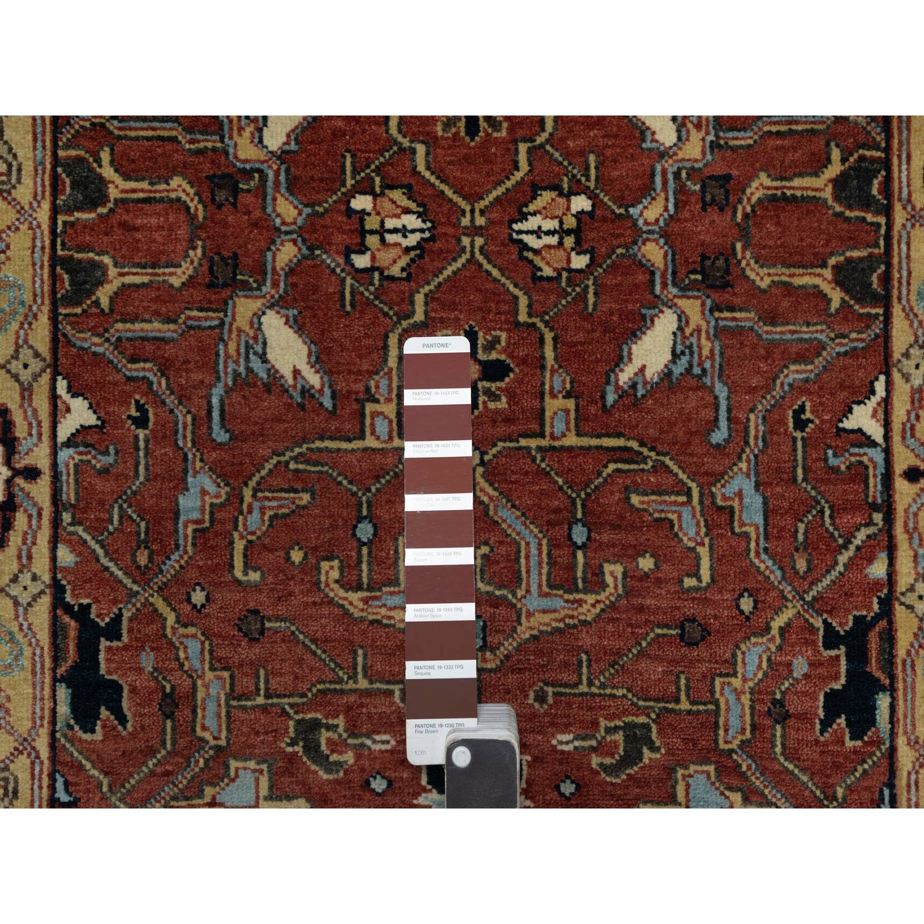 2'8"x14'1" Currant Red, Antiqued Fine Heriz Re-Creation with All Over Vines Design, Hand Knotted, 100% Wool, Vegetable Dyes, Denser Weave, Lush and Plush, Soft Pile, Runner, Oriental Rug Sh91387