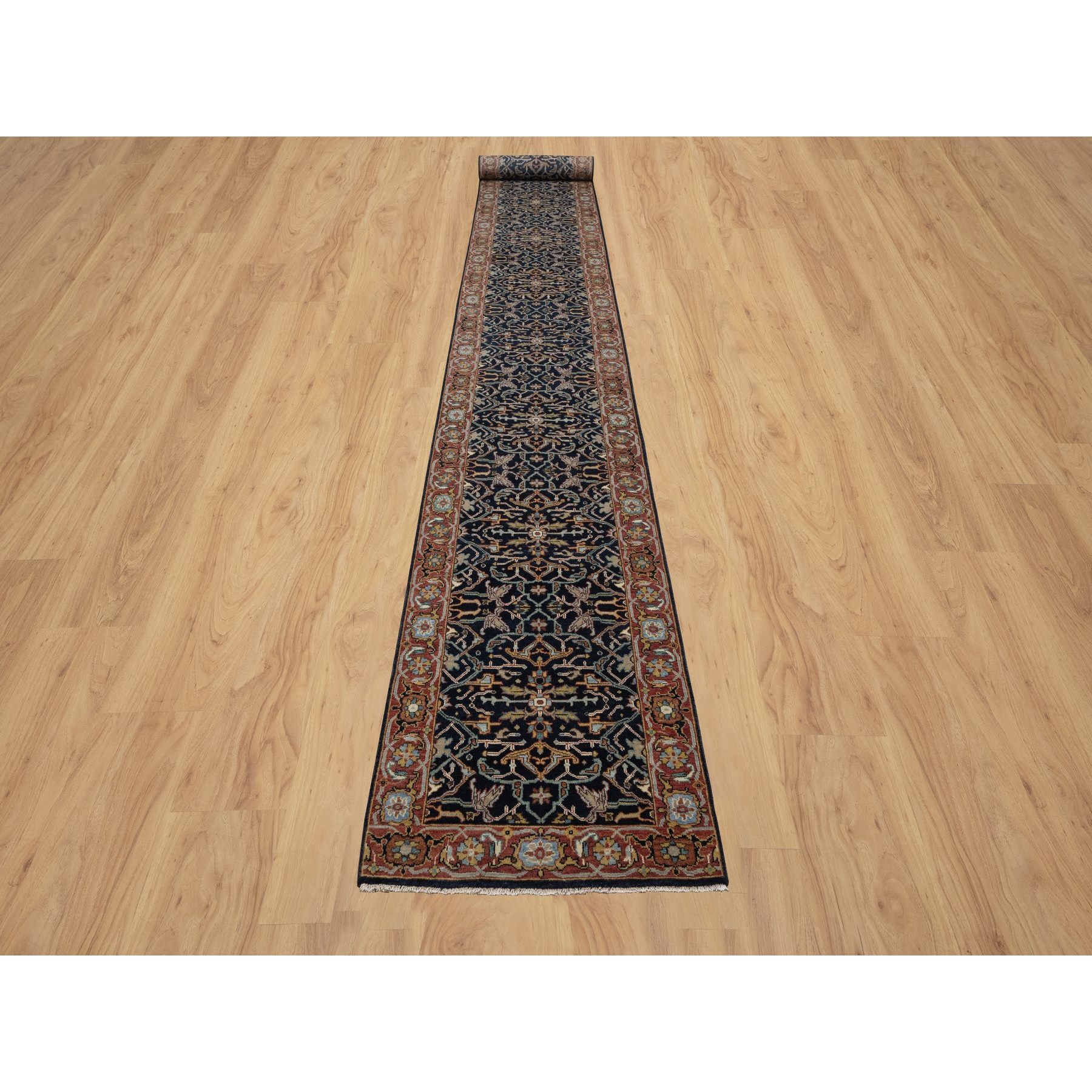 2'6"x22' Midnight Blue, Antiqued Fine Heriz Re-Creation with All Over Vines Design, Hand Knotted, Soft Pile, Vegetable Dyes, 100% Wool, XL Runner, Oriental Rug Sh91389