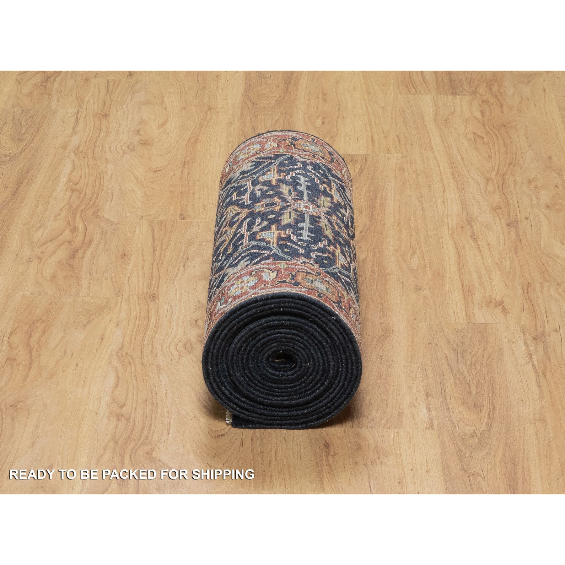 2'6"x22' Midnight Blue, Antiqued Fine Heriz Re-Creation with All Over Vines Design, Hand Knotted, Soft Pile, Vegetable Dyes, 100% Wool, XL Runner, Oriental Rug Sh91389