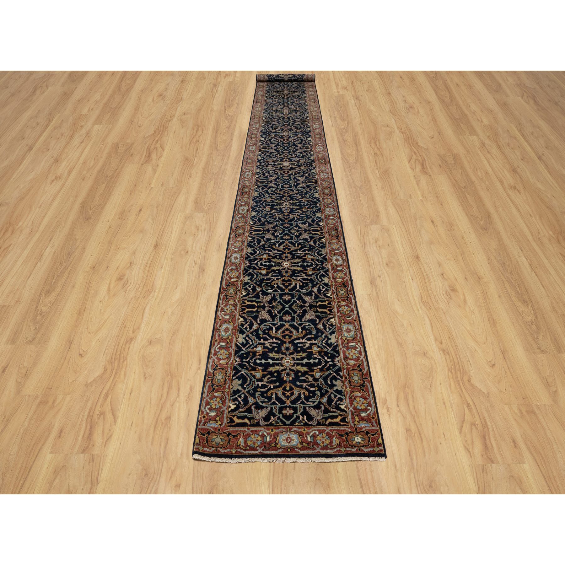 2'7"x18'1" Oxford Blue, Antiqued Fine Heriz Re-Creation with All Over Vines Design, 100% Wool, Hand Knotted, Soft Pile, Vegetable Dyes, XL Runner, Oriental Rug Sh91390