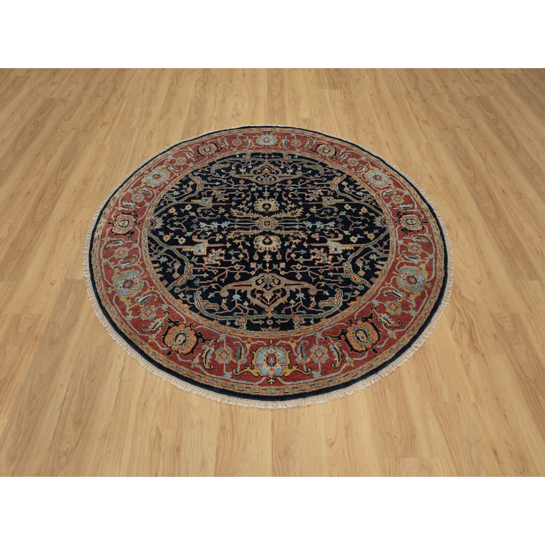 6'x6' Caviar Blue, Antiqued Fine Heriz Re-Creation with All Over Vines Design, Hand Knotted, Soft Pile, Vegetable Dyes, Pure Wool, Round, Oriental Rug Sh91391