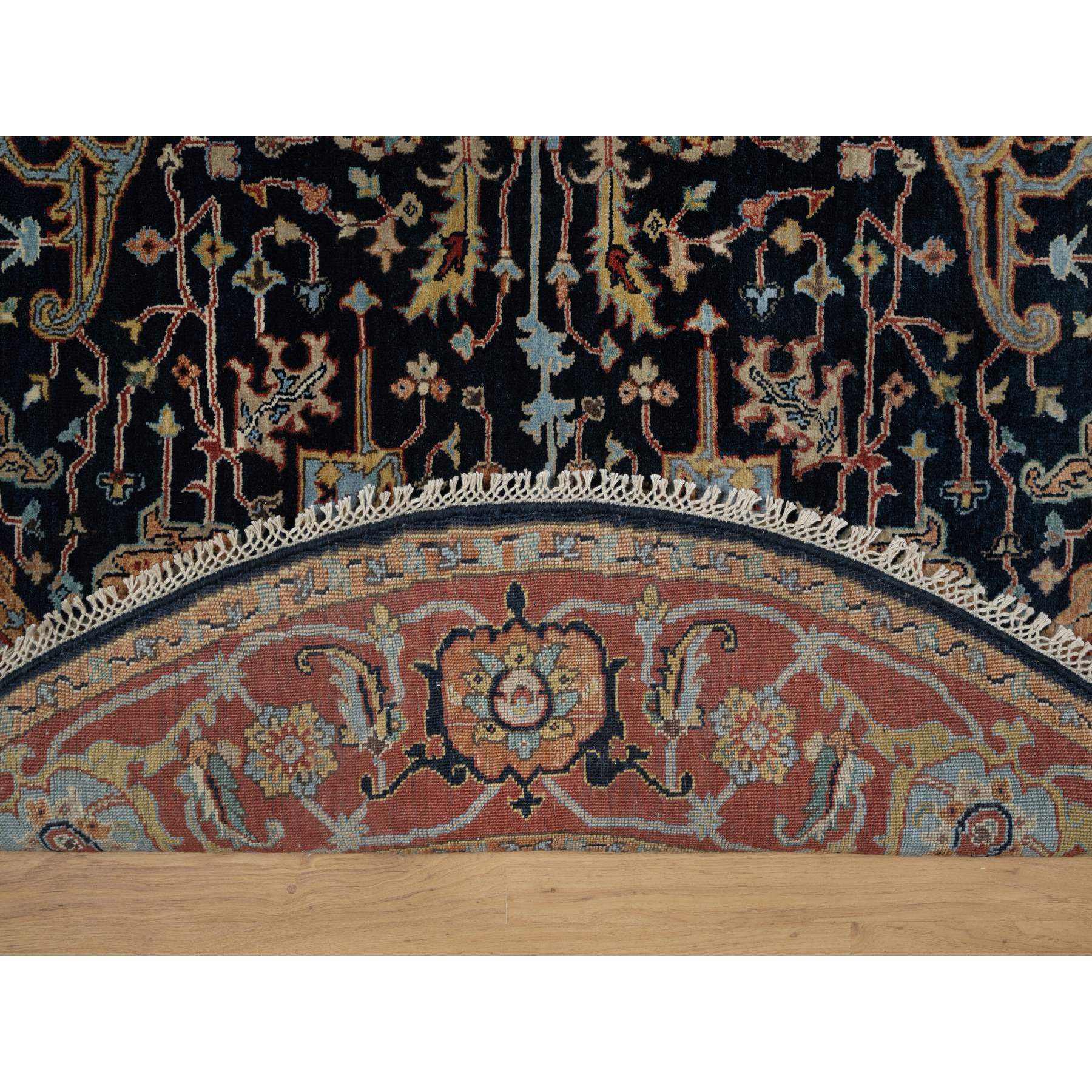 6'x6' Caviar Blue, Antiqued Fine Heriz Re-Creation with All Over Vines Design, Hand Knotted, Soft Pile, Vegetable Dyes, Pure Wool, Round, Oriental Rug Sh91391