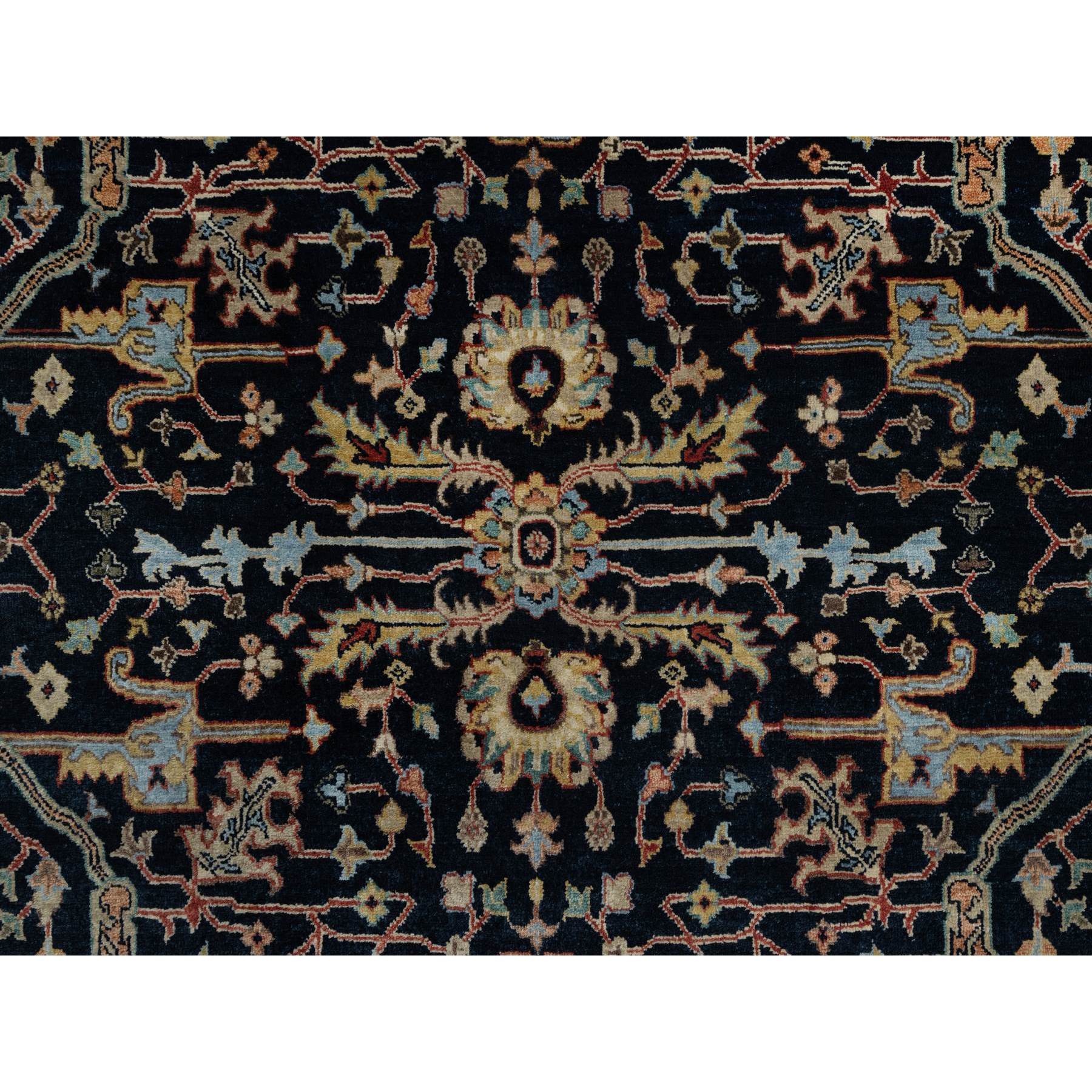6'x6' Caviar Blue, Antiqued Fine Heriz Re-Creation with All Over Vines Design, Hand Knotted, Soft Pile, Vegetable Dyes, Pure Wool, Round, Oriental Rug Sh91391