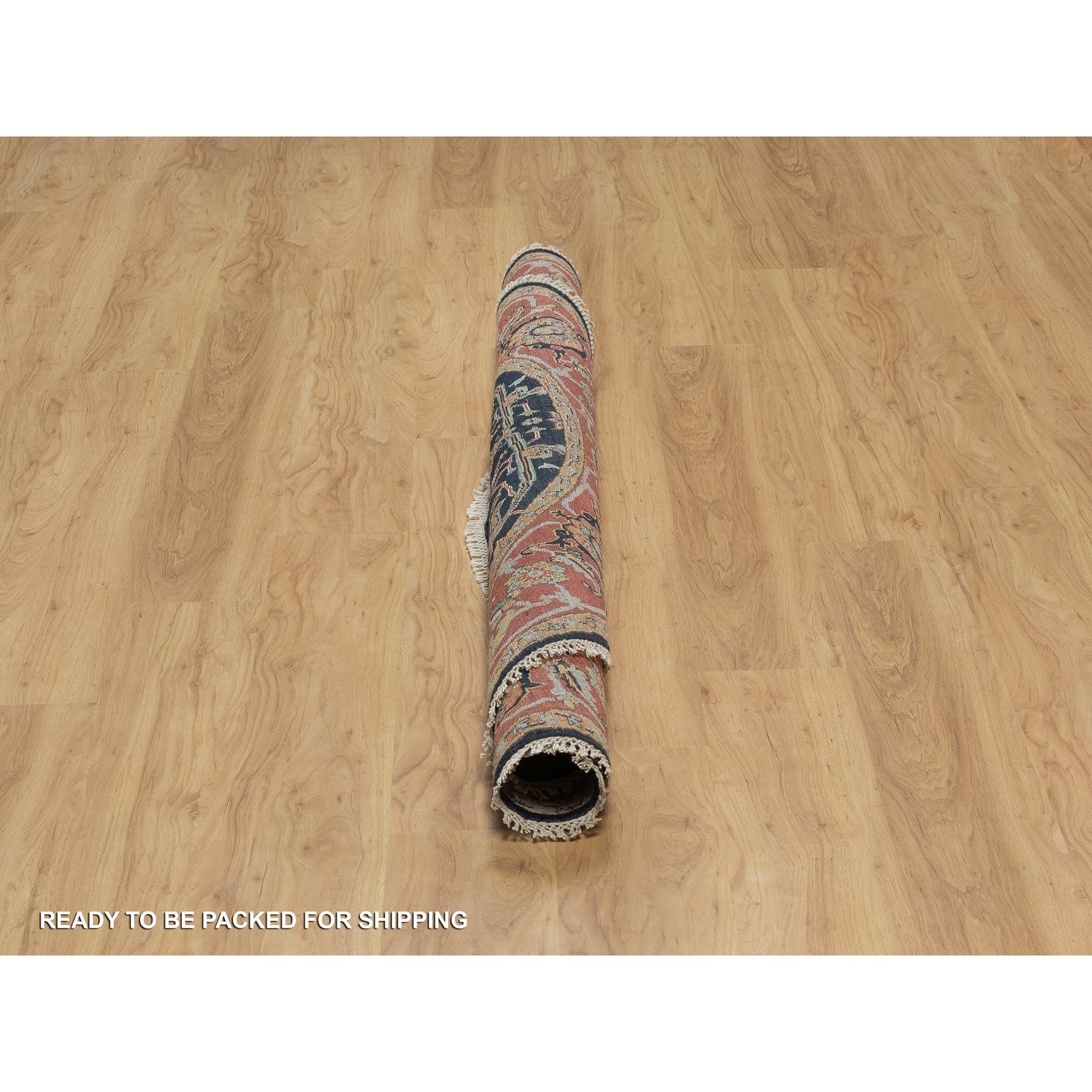 6'x6' Caviar Blue, Antiqued Fine Heriz Re-Creation with All Over Vines Design, Hand Knotted, Soft Pile, Vegetable Dyes, Pure Wool, Round, Oriental Rug Sh91391
