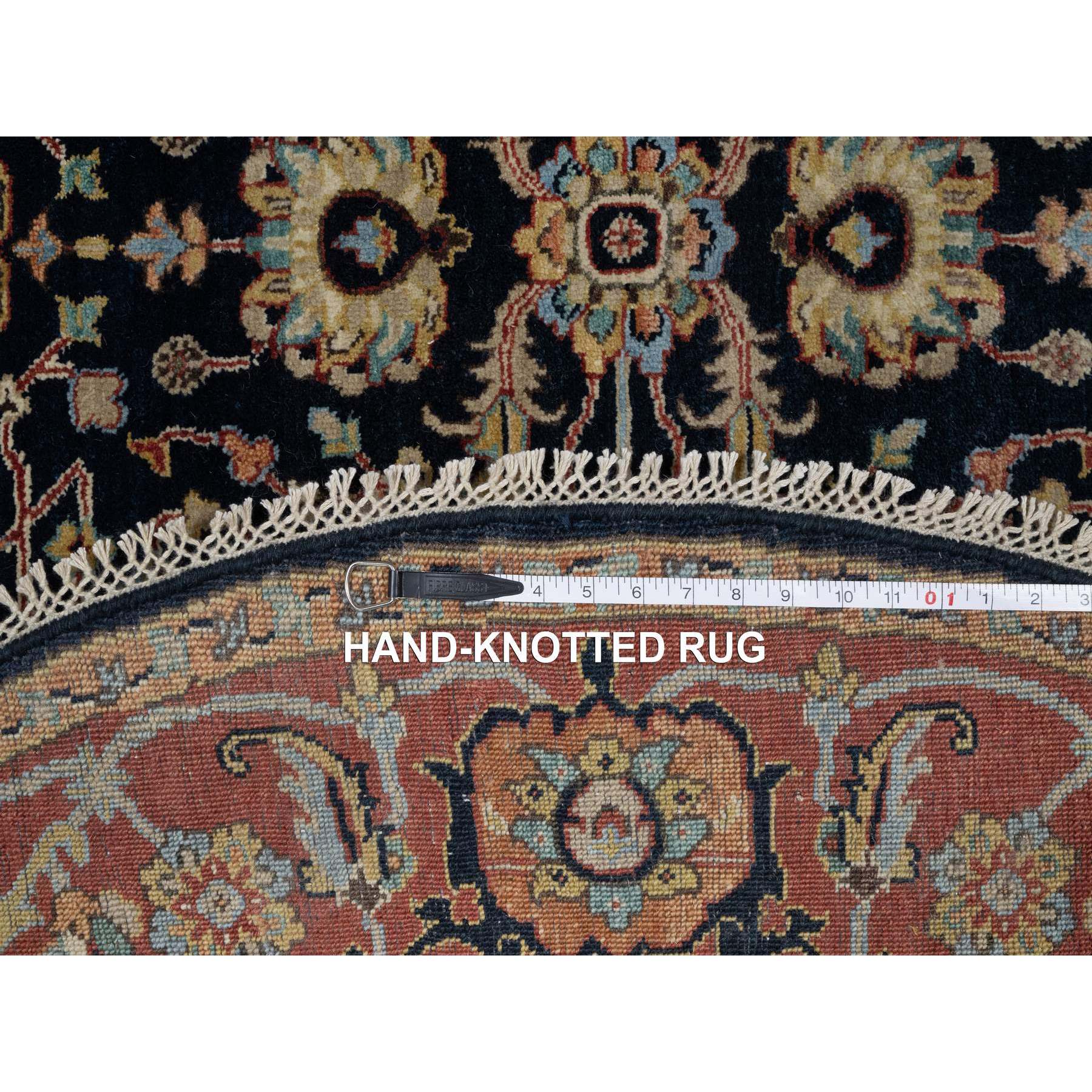 6'x6' Caviar Blue, Antiqued Fine Heriz Re-Creation with All Over Vines Design, Hand Knotted, Soft Pile, Vegetable Dyes, Pure Wool, Round, Oriental Rug Sh91391