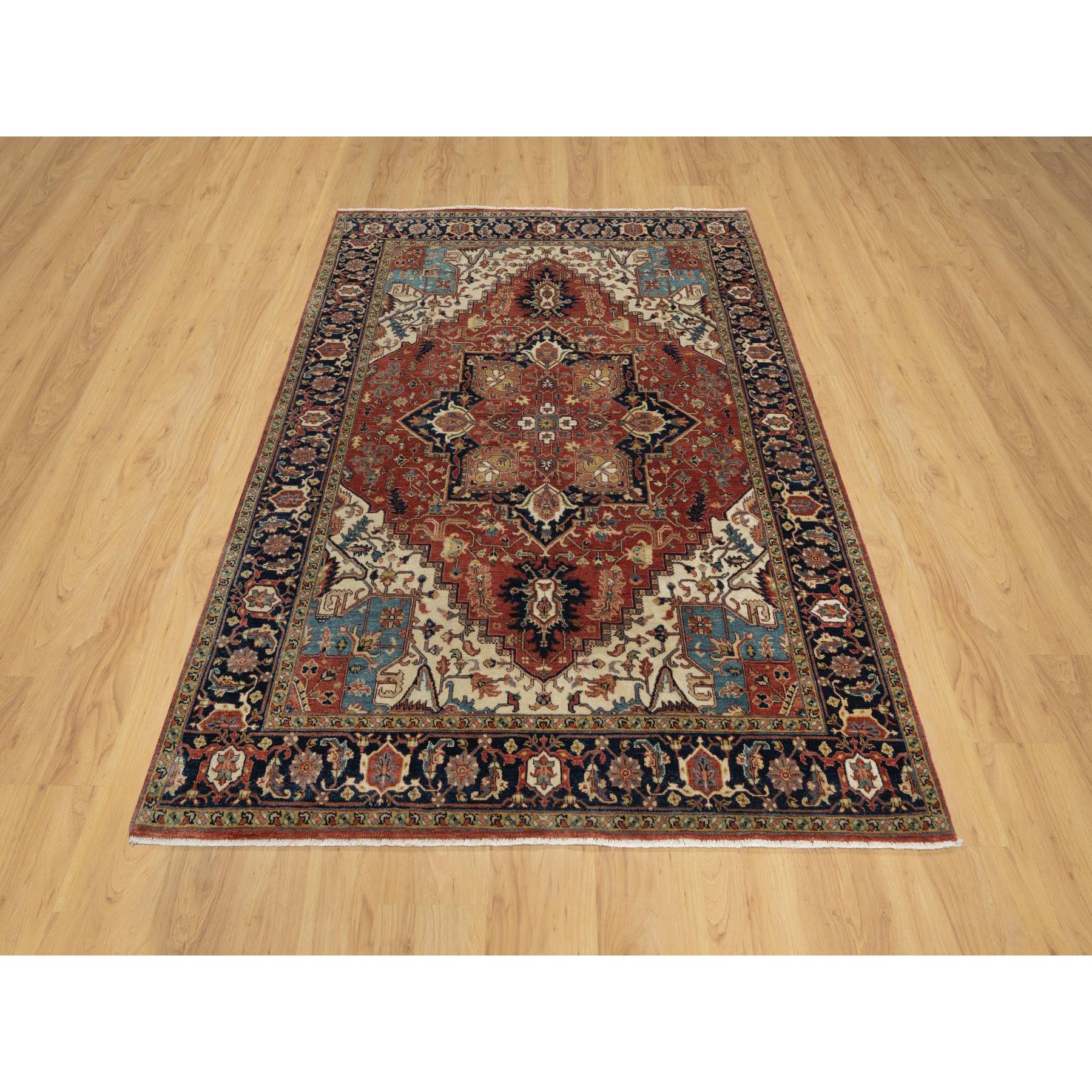 5'2"x7'2" Brick Red, Antiqued Fine Heriz Re-Creation with Star Medallion Design, Hand Spun New Zealand Wool, Hand Knotted, Soft and Plush, Oriental Rug Sh91393