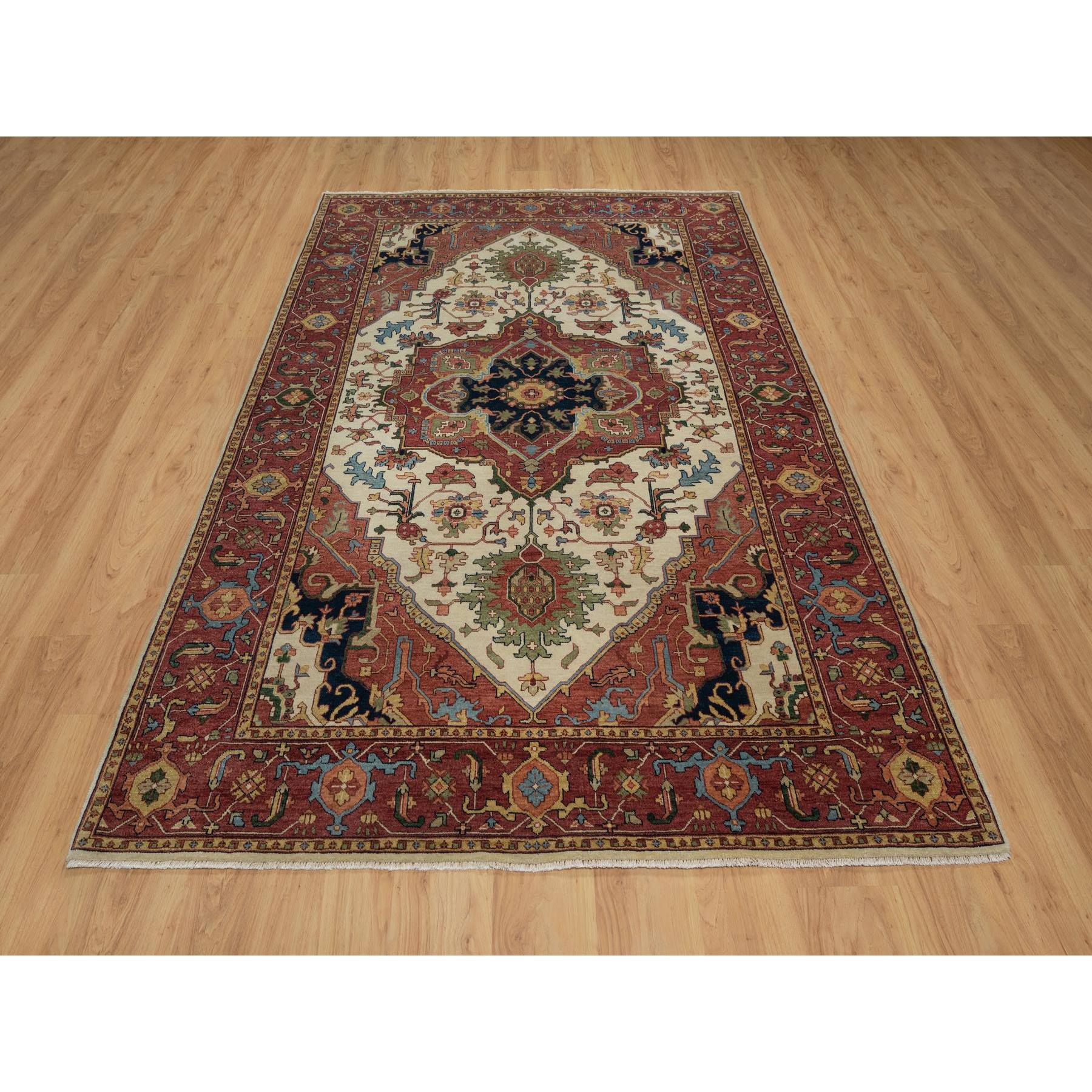 6'2"x9'1" Parchment White, Antiqued Fine Heriz Re-Creation, Natural Dyes, Hand Knotted, Plush and Lush, Denser Weave, Soft Wool, Oriental Rug Sh91394