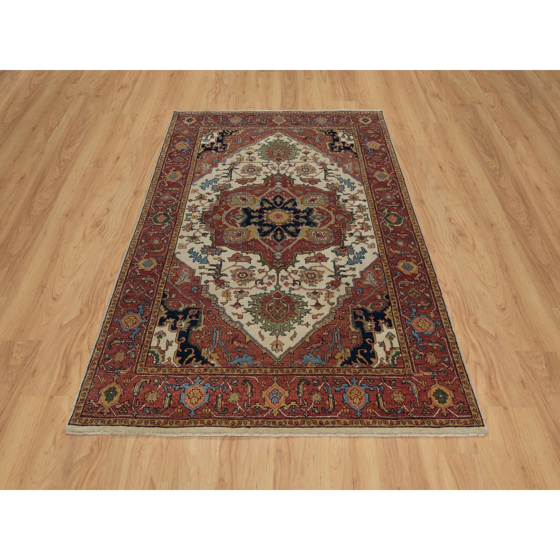 5'1"x7'2" Chiffon White, Antiqued Fine Heriz Re-Creation, Hand Knotted, Soft Wool, Lush and Plush, Vegetable Dyes, Denser Weave, Oriental Rug Sh91395