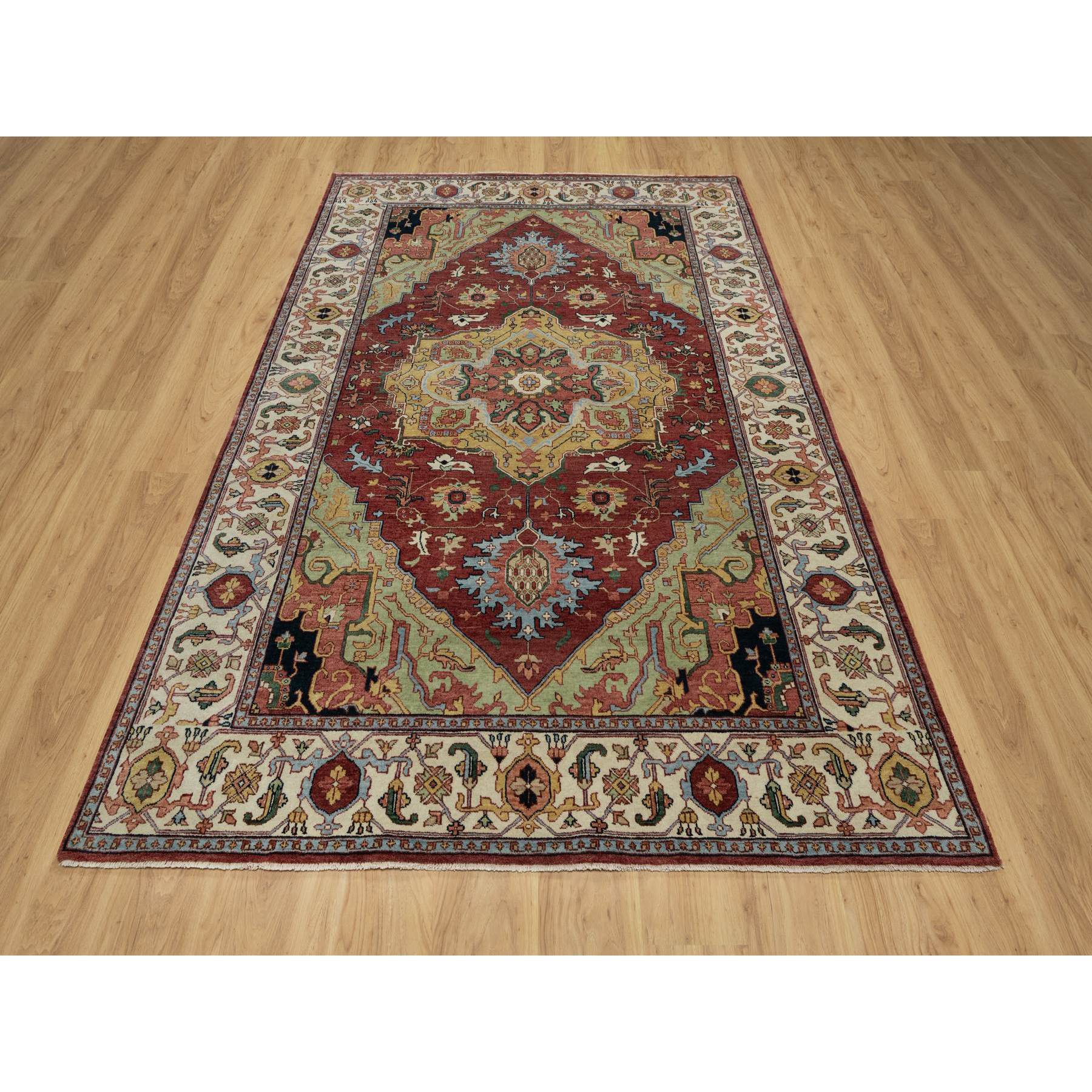6'1"x9'2" Brick Red, Antiqued Fine Heriz Re-Creation with Medallion Design, Plush and Lush Pile, Hand Knotted, 100% Wool, Denser Weave, Vegetable Dyes, Oriental Rug Sh91397