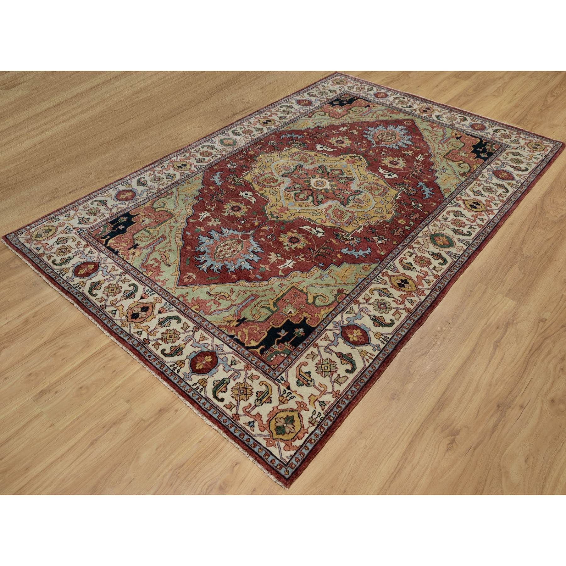 6'1"x9'2" Brick Red, Antiqued Fine Heriz Re-Creation with Medallion Design, Plush and Lush Pile, Hand Knotted, 100% Wool, Denser Weave, Vegetable Dyes, Oriental Rug Sh91397