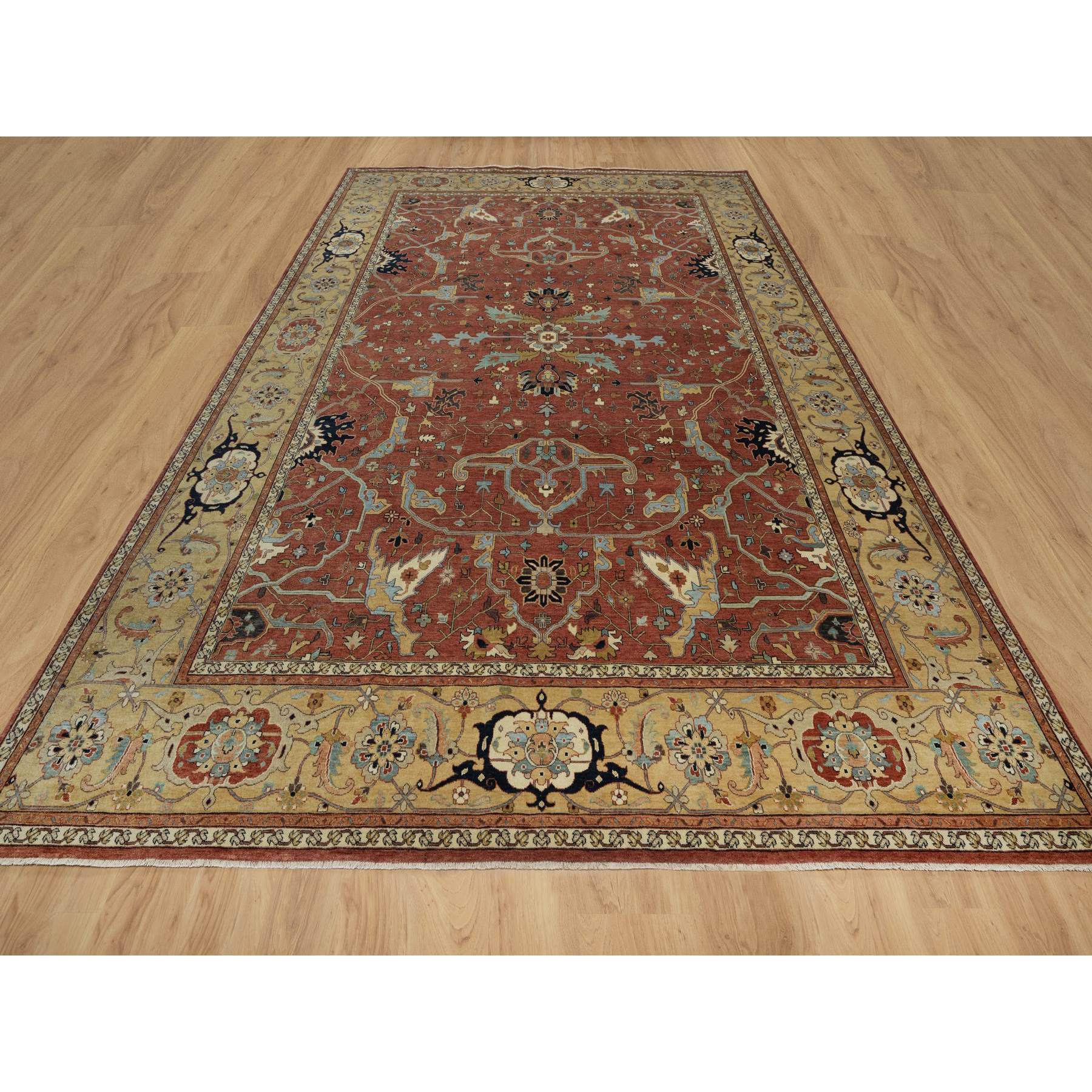 10'1"x14'2" Brick Red, Antiqued Fine Heriz Re-Creation with All Over Vines Design, Hand Knotted, 100% Wool, Vegetable Dyes, Soft Pile, Denser Weave, Lush and Plush, Oriental Rug Sh91401