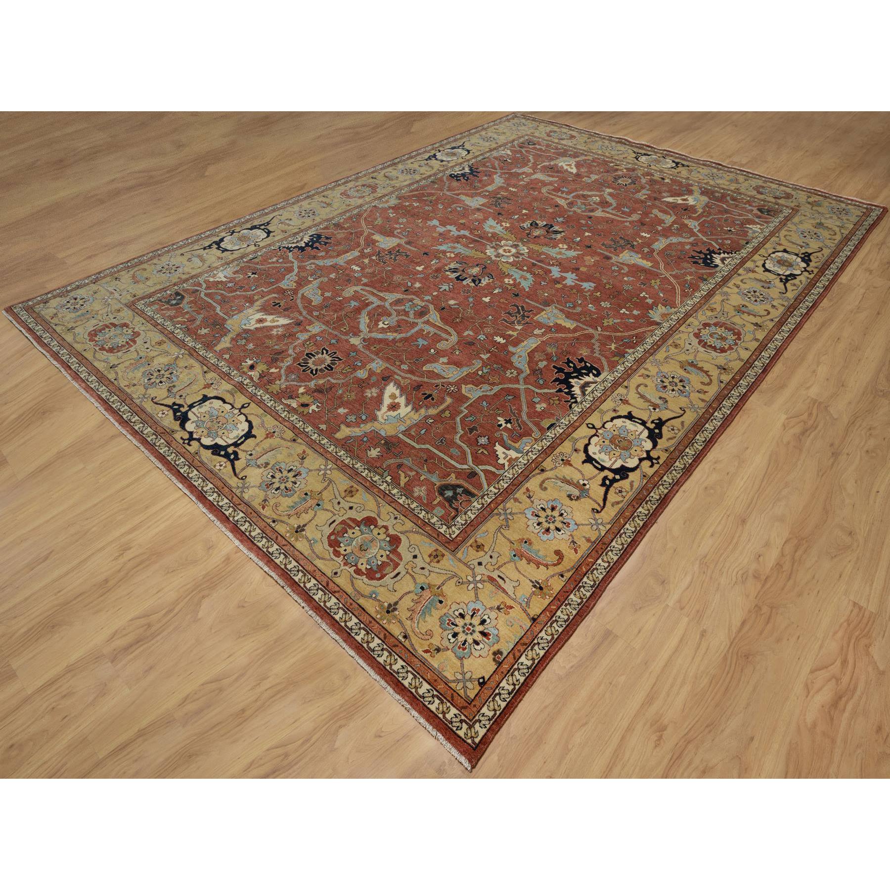 10'1"x14'2" Brick Red, Antiqued Fine Heriz Re-Creation with All Over Vines Design, Hand Knotted, 100% Wool, Vegetable Dyes, Soft Pile, Denser Weave, Lush and Plush, Oriental Rug Sh91401