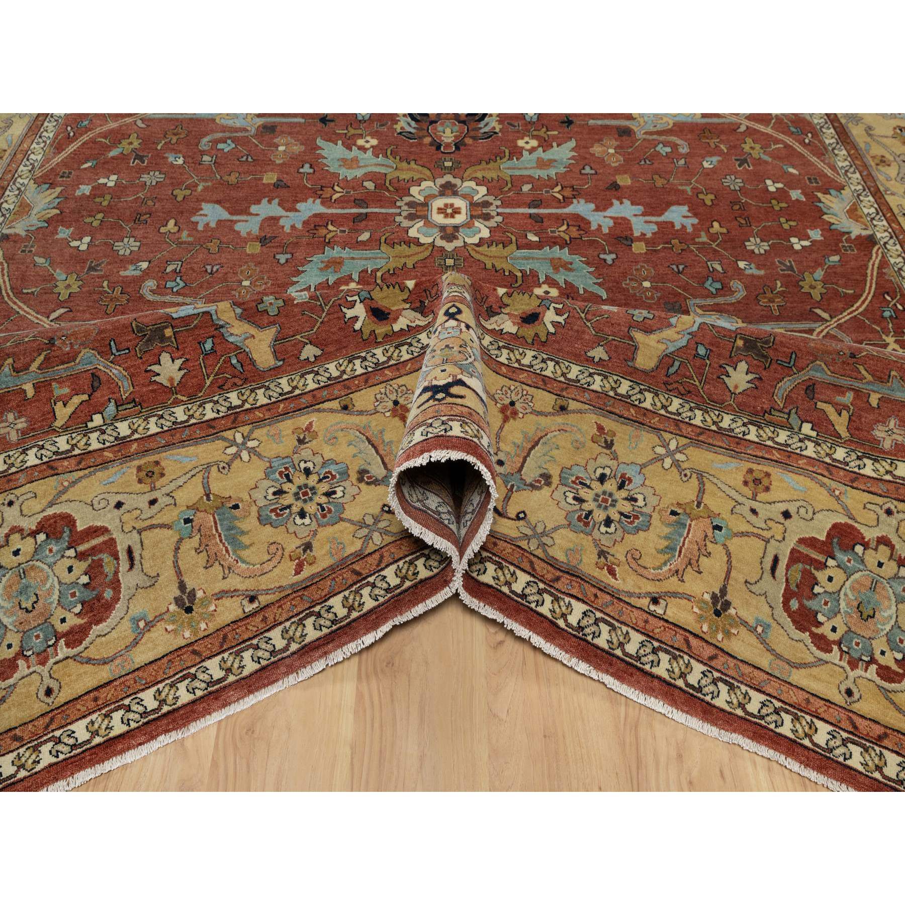 10'1"x14'2" Brick Red, Antiqued Fine Heriz Re-Creation with All Over Vines Design, Hand Knotted, 100% Wool, Vegetable Dyes, Soft Pile, Denser Weave, Lush and Plush, Oriental Rug Sh91401