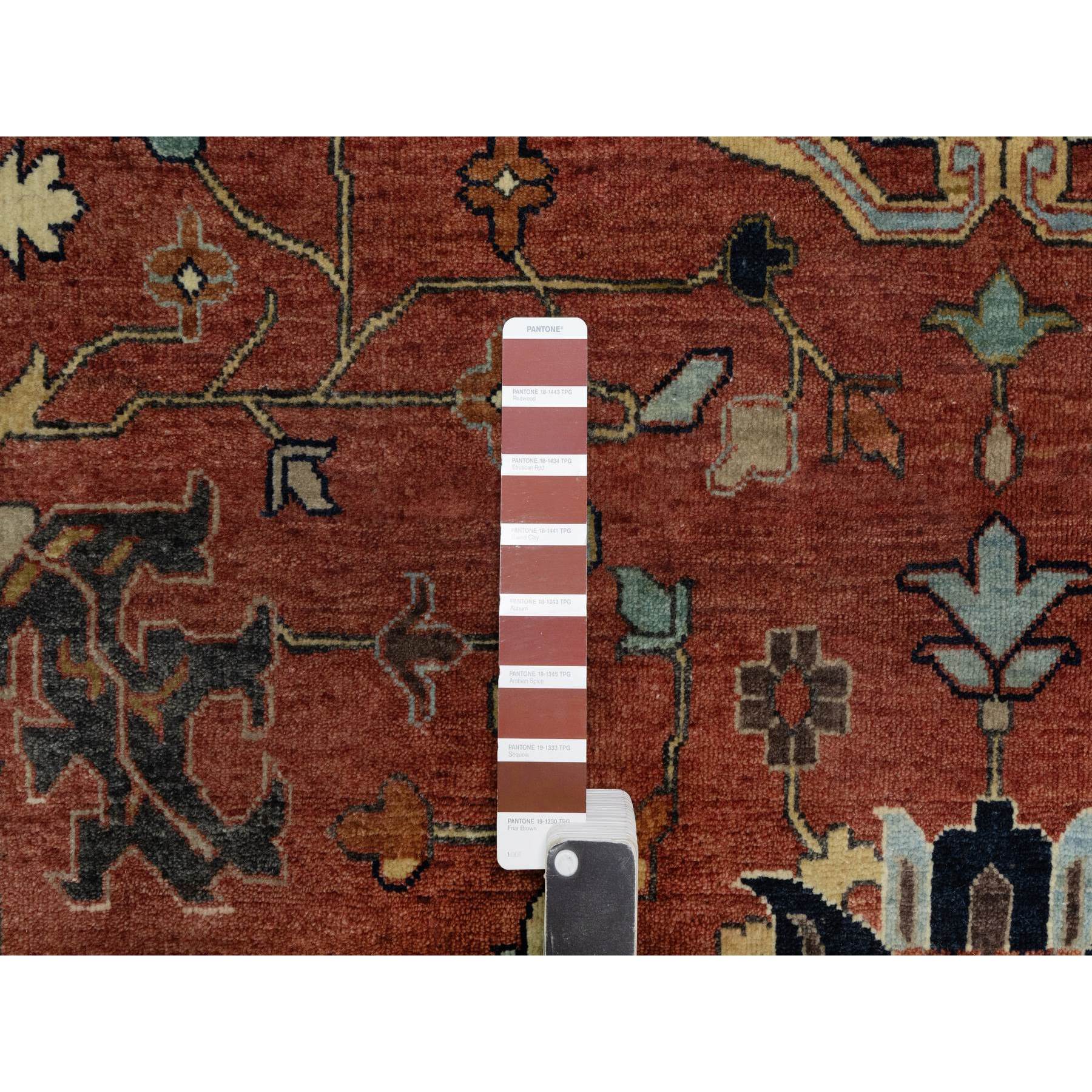 10'1"x14'2" Brick Red, Antiqued Fine Heriz Re-Creation with All Over Vines Design, Hand Knotted, 100% Wool, Vegetable Dyes, Soft Pile, Denser Weave, Lush and Plush, Oriental Rug Sh91401