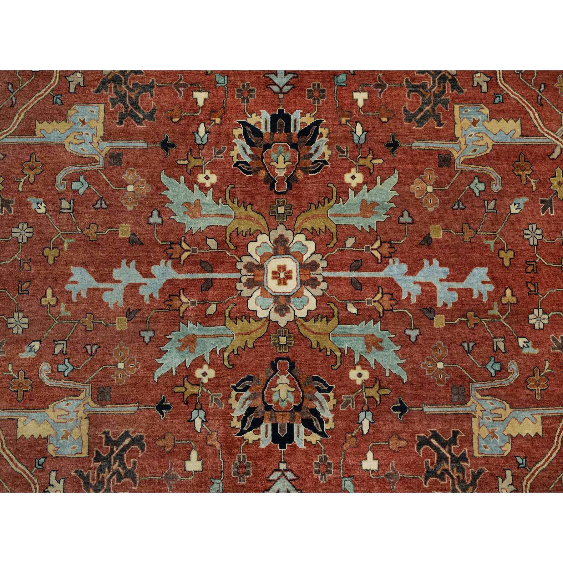 10'1"x14'2" Brick Red, Antiqued Fine Heriz Re-Creation with All Over Vines Design, Hand Knotted, 100% Wool, Vegetable Dyes, Soft Pile, Denser Weave, Lush and Plush, Oriental Rug Sh91401