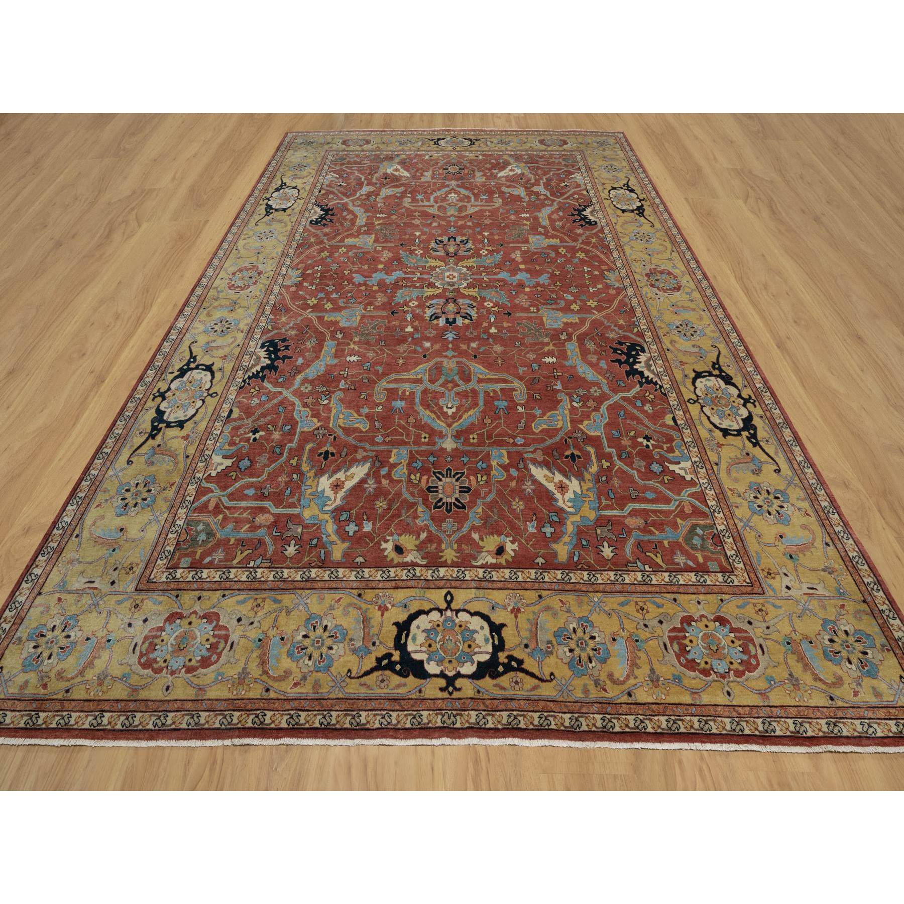 10'1"x14'2" Auburn Red, Antiqued Fine Heriz Re-Creation with All Over Vines Design, Hand Knotted, 100% Wool, Vegetable Dyes, Lush and Plush, Denser Weave, Soft Pile, Oriental Rug Sh91402