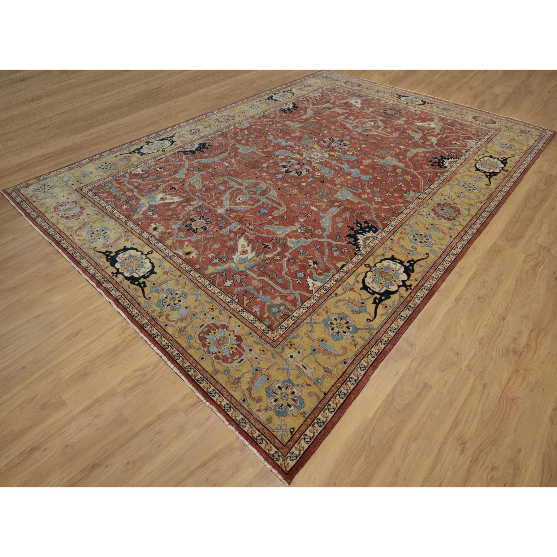 10'1"x14'2" Auburn Red, Antiqued Fine Heriz Re-Creation with All Over Vines Design, Hand Knotted, 100% Wool, Vegetable Dyes, Lush and Plush, Denser Weave, Soft Pile, Oriental Rug Sh91402