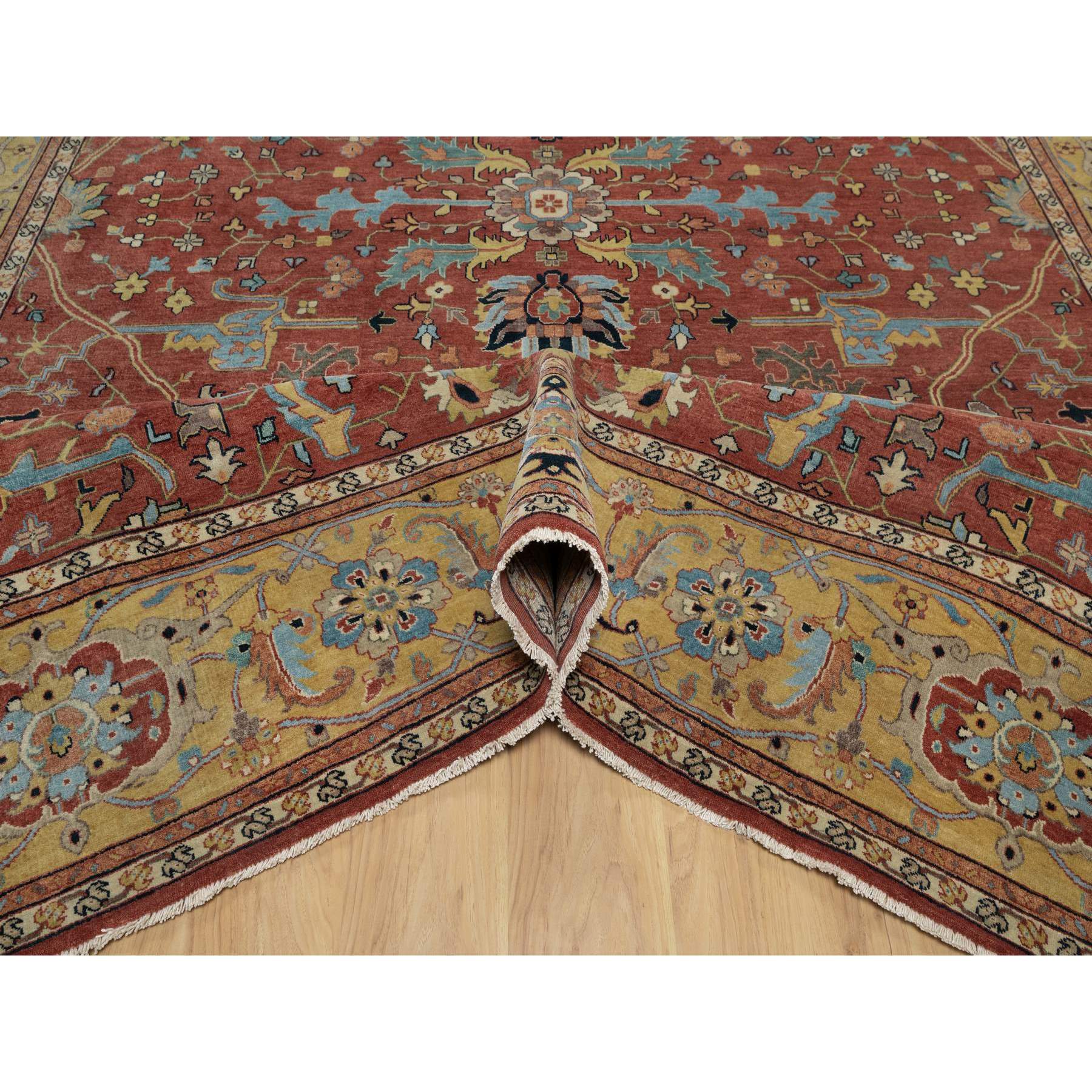 10'1"x14'2" Auburn Red, Antiqued Fine Heriz Re-Creation with All Over Vines Design, Hand Knotted, 100% Wool, Vegetable Dyes, Lush and Plush, Denser Weave, Soft Pile, Oriental Rug Sh91402
