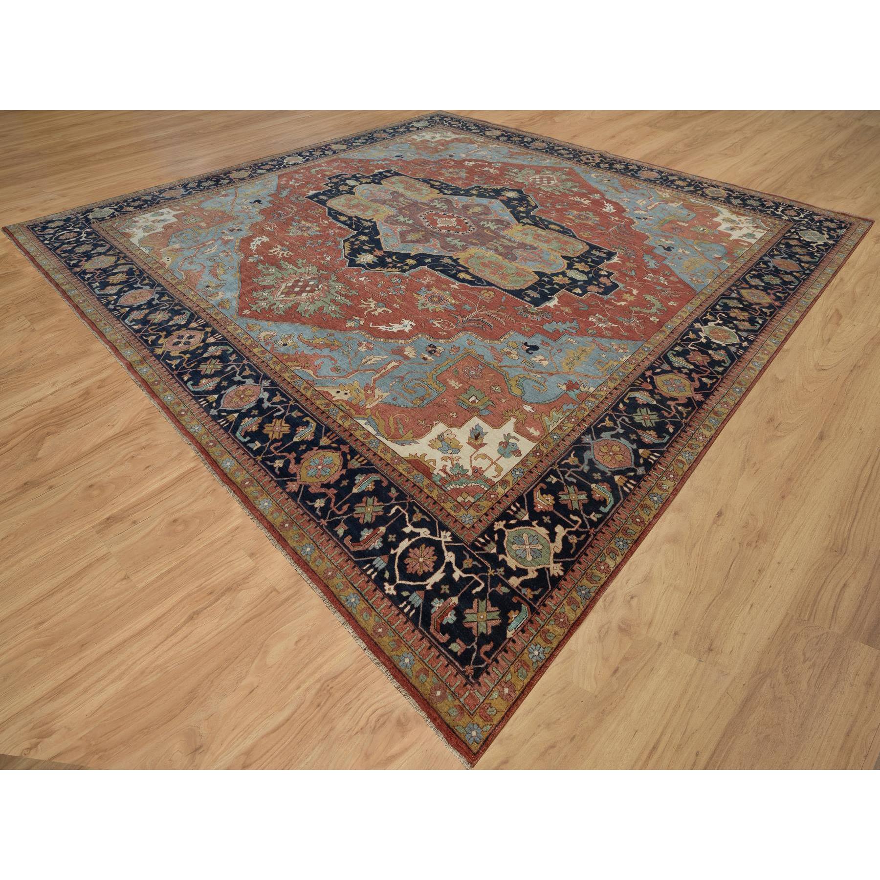 16'2"x16'2" Auburn Red, Antiqued Fine Heriz Re-Creation, Hand Knotted, Soft 100% Wool, Denser Weave, Vegetable Dyes, Lush and Plush, Square, Oriental Rug Sh91404