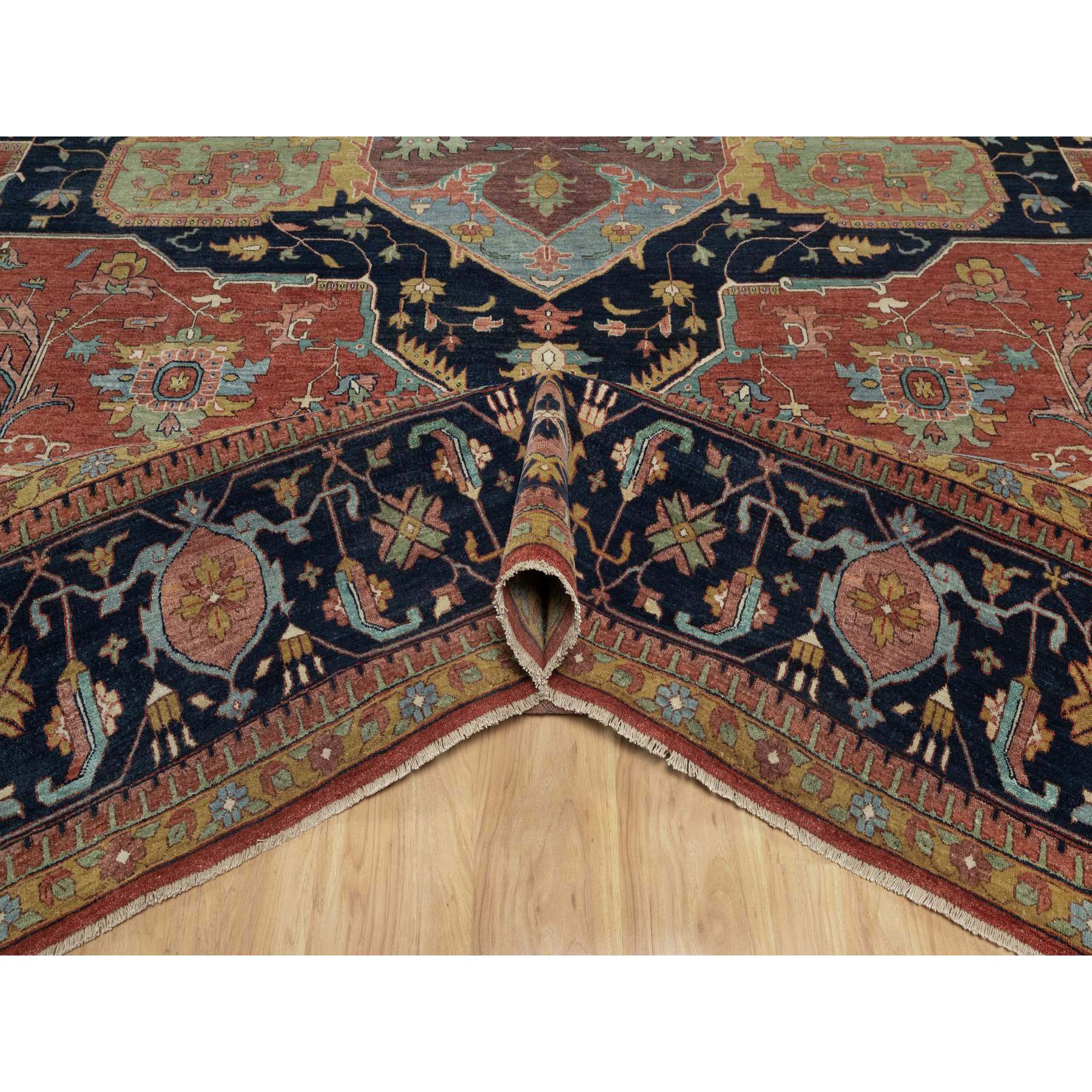 16'2"x16'2" Auburn Red, Antiqued Fine Heriz Re-Creation, Hand Knotted, Soft 100% Wool, Denser Weave, Vegetable Dyes, Lush and Plush, Square, Oriental Rug Sh91404