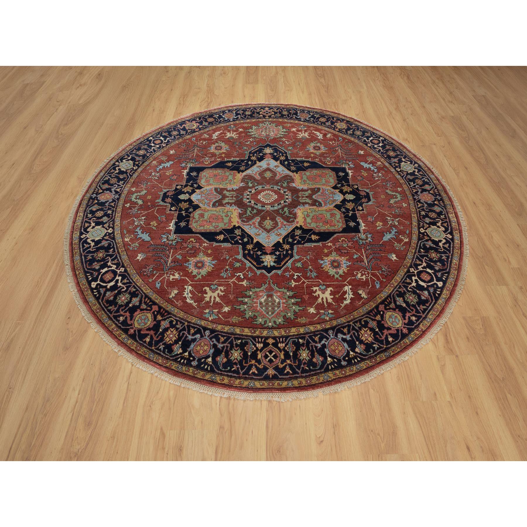 8'x8' Barn Red, Antiqued Fine Heriz Re-Creation, Denser Weave, Vegetable Dyes, Lush and Plush, 100% Wool, Hand Knotted, Round, Oriental Rug Sh91405
