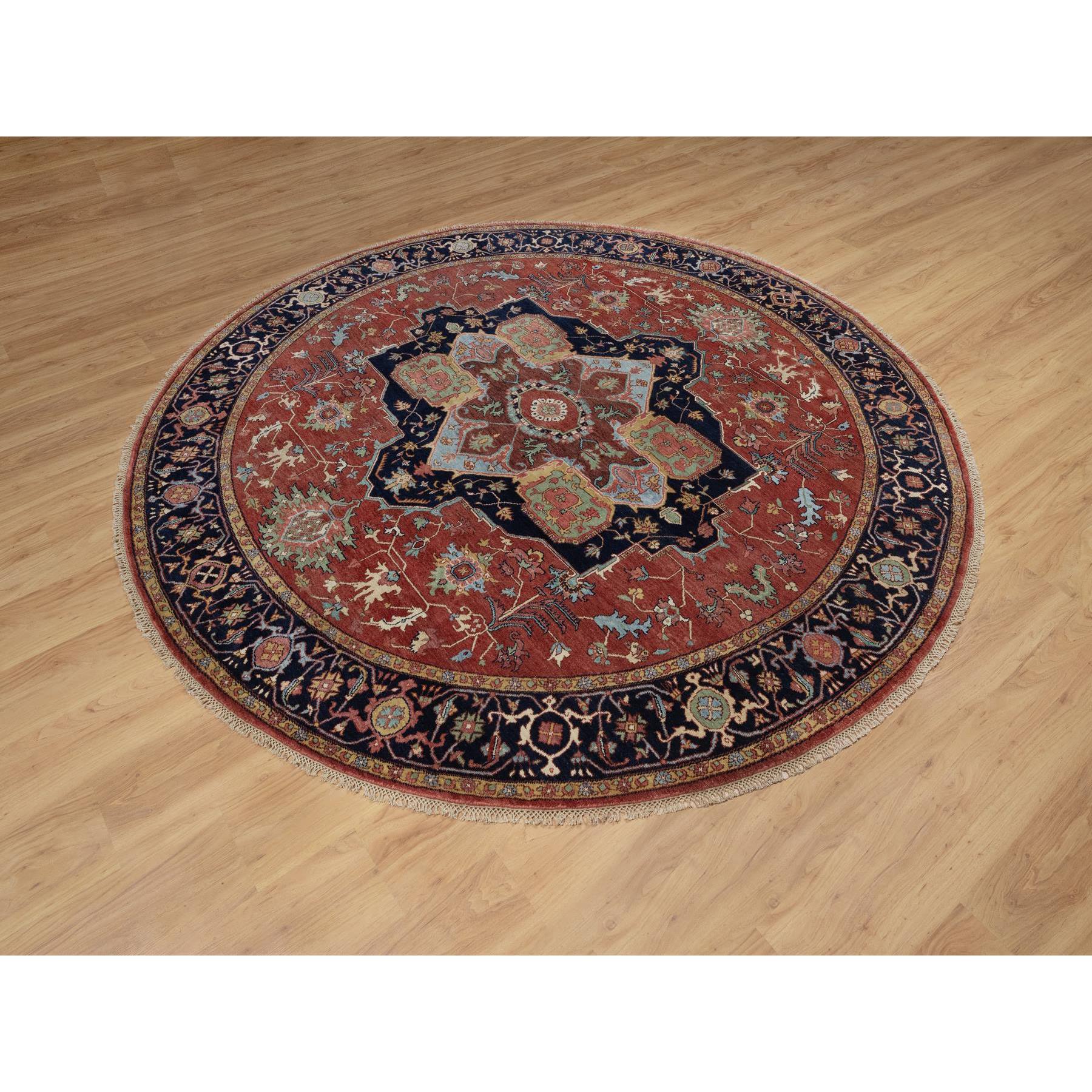 8'x8' Barn Red, Antiqued Fine Heriz Re-Creation, Denser Weave, Vegetable Dyes, Lush and Plush, 100% Wool, Hand Knotted, Round, Oriental Rug Sh91405