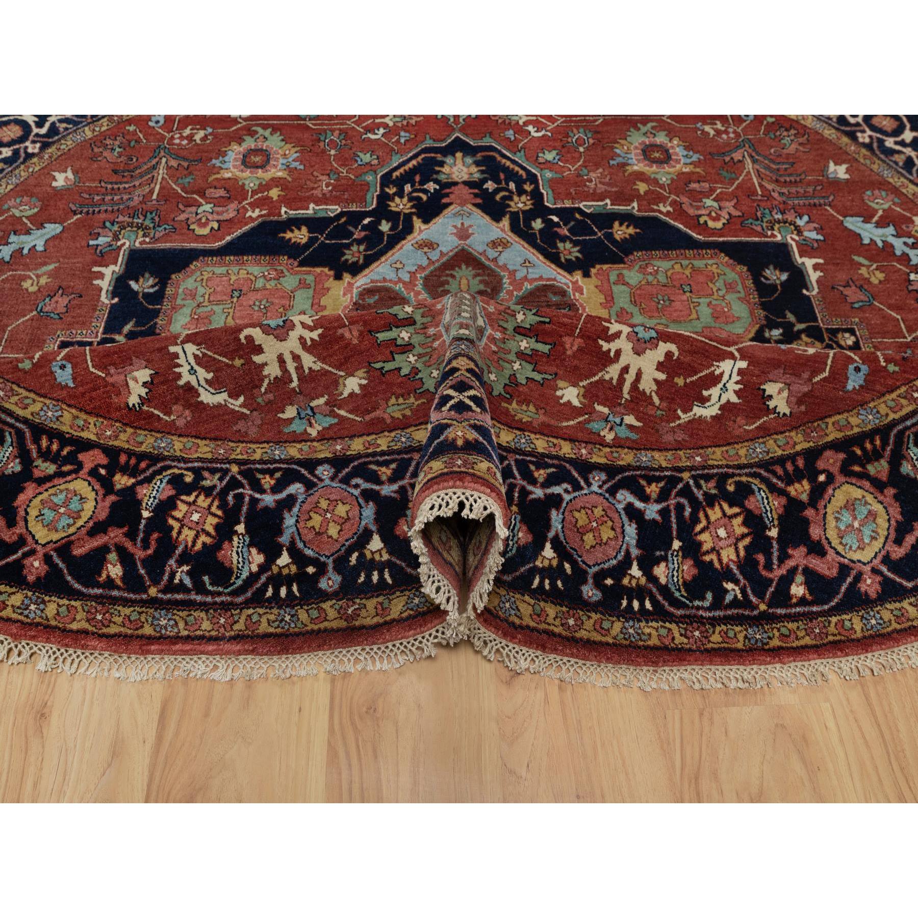 8'x8' Barn Red, Antiqued Fine Heriz Re-Creation, Denser Weave, Vegetable Dyes, Lush and Plush, 100% Wool, Hand Knotted, Round, Oriental Rug Sh91405