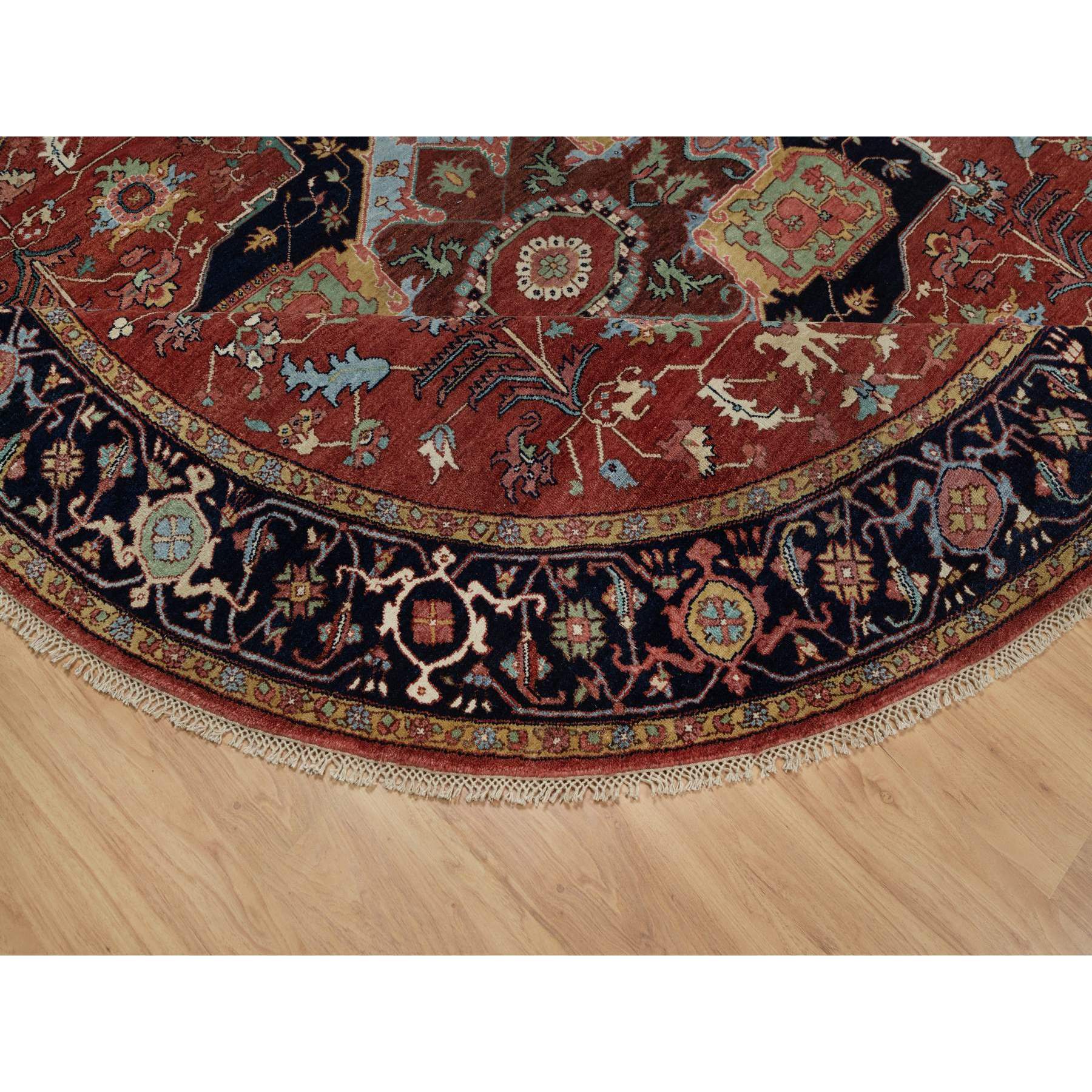 8'x8' Barn Red, Antiqued Fine Heriz Re-Creation, Denser Weave, Vegetable Dyes, Lush and Plush, 100% Wool, Hand Knotted, Round, Oriental Rug Sh91405
