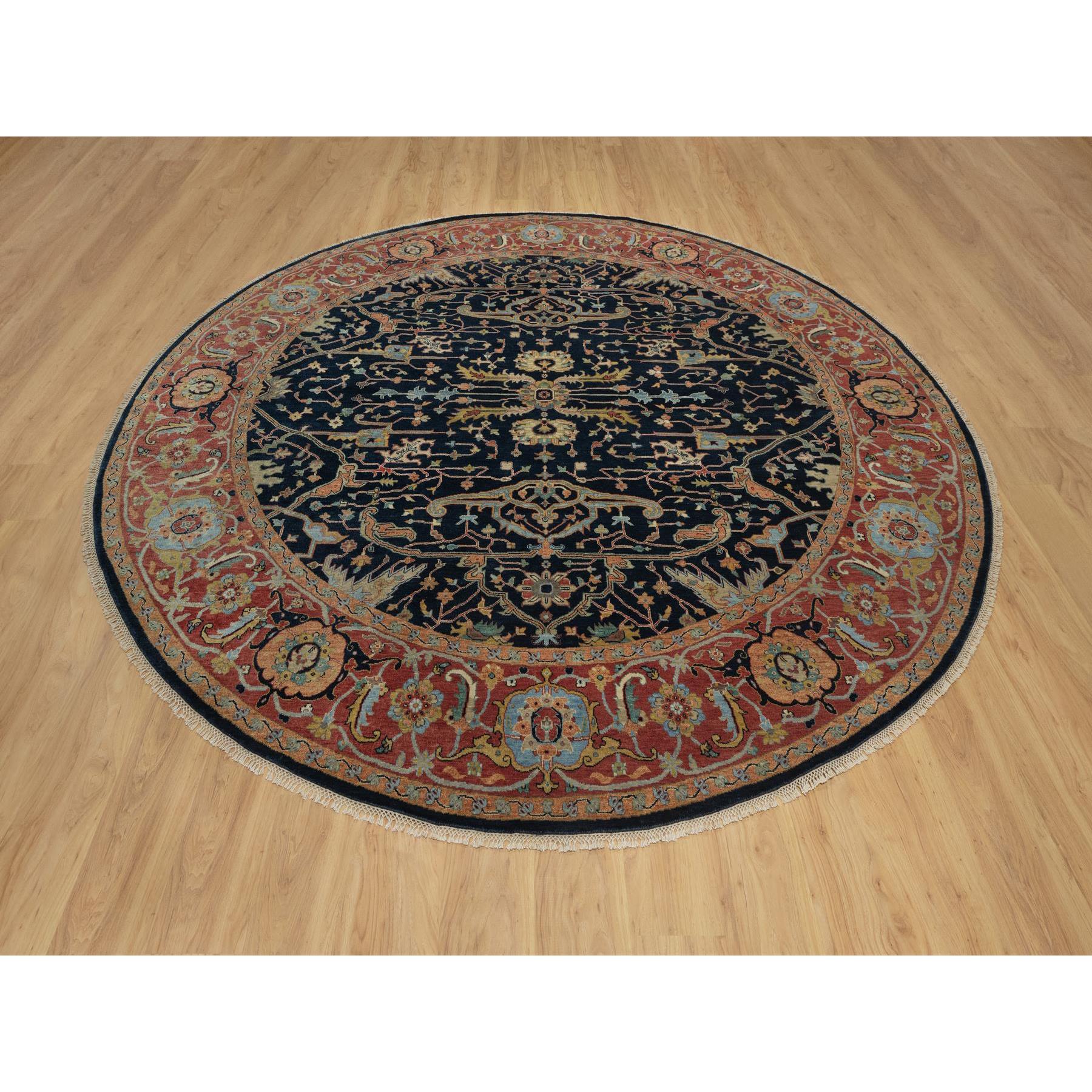 10'1"x10'1" Midnight Blue, Antiqued Fine Heriz Re-Creation with All Over Vines Design, Hand Knotted, Soft Pile, Vegetable Dyes, 100% Wool, Round, Oriental Rug Sh91406