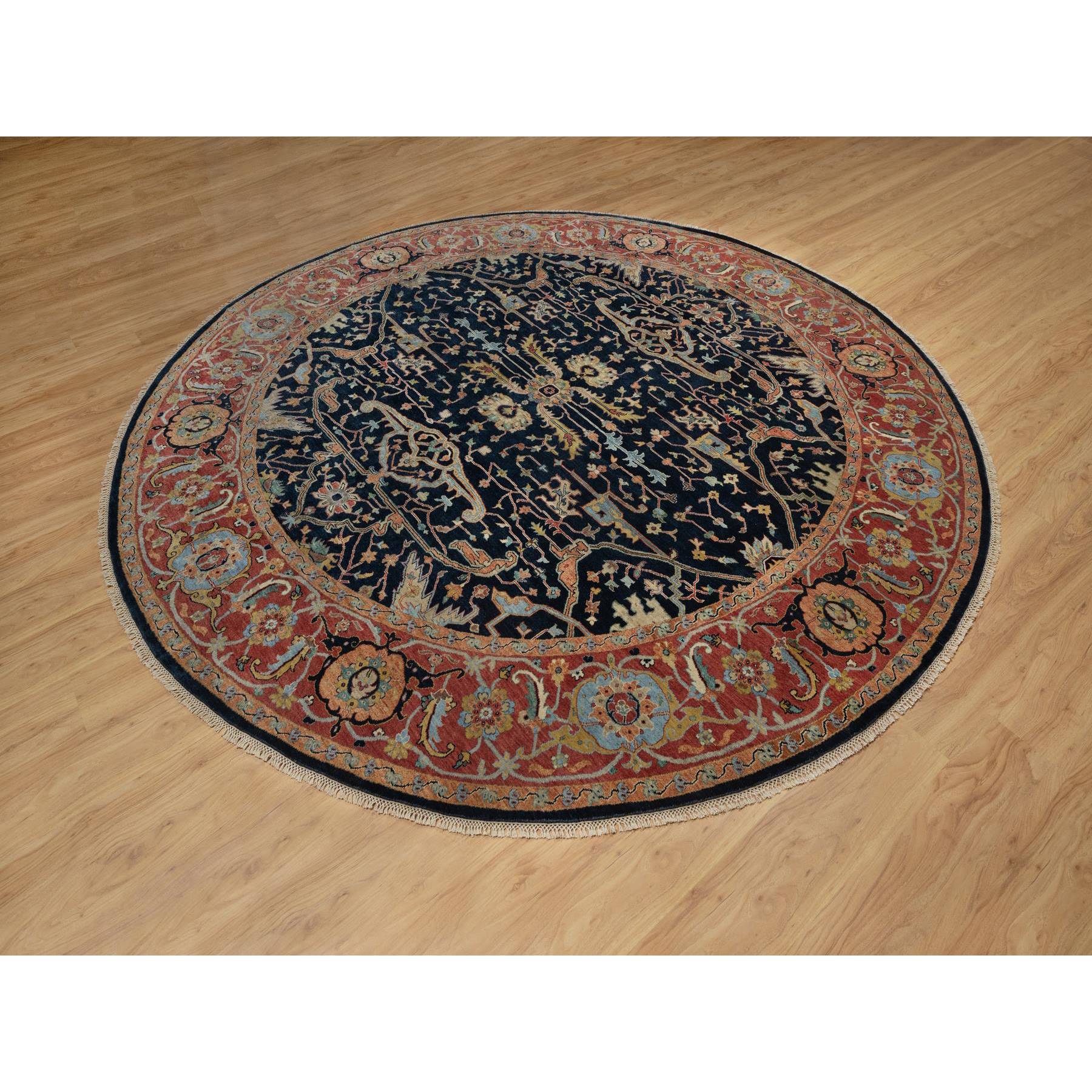 10'1"x10'1" Midnight Blue, Antiqued Fine Heriz Re-Creation with All Over Vines Design, Hand Knotted, Soft Pile, Vegetable Dyes, 100% Wool, Round, Oriental Rug Sh91406