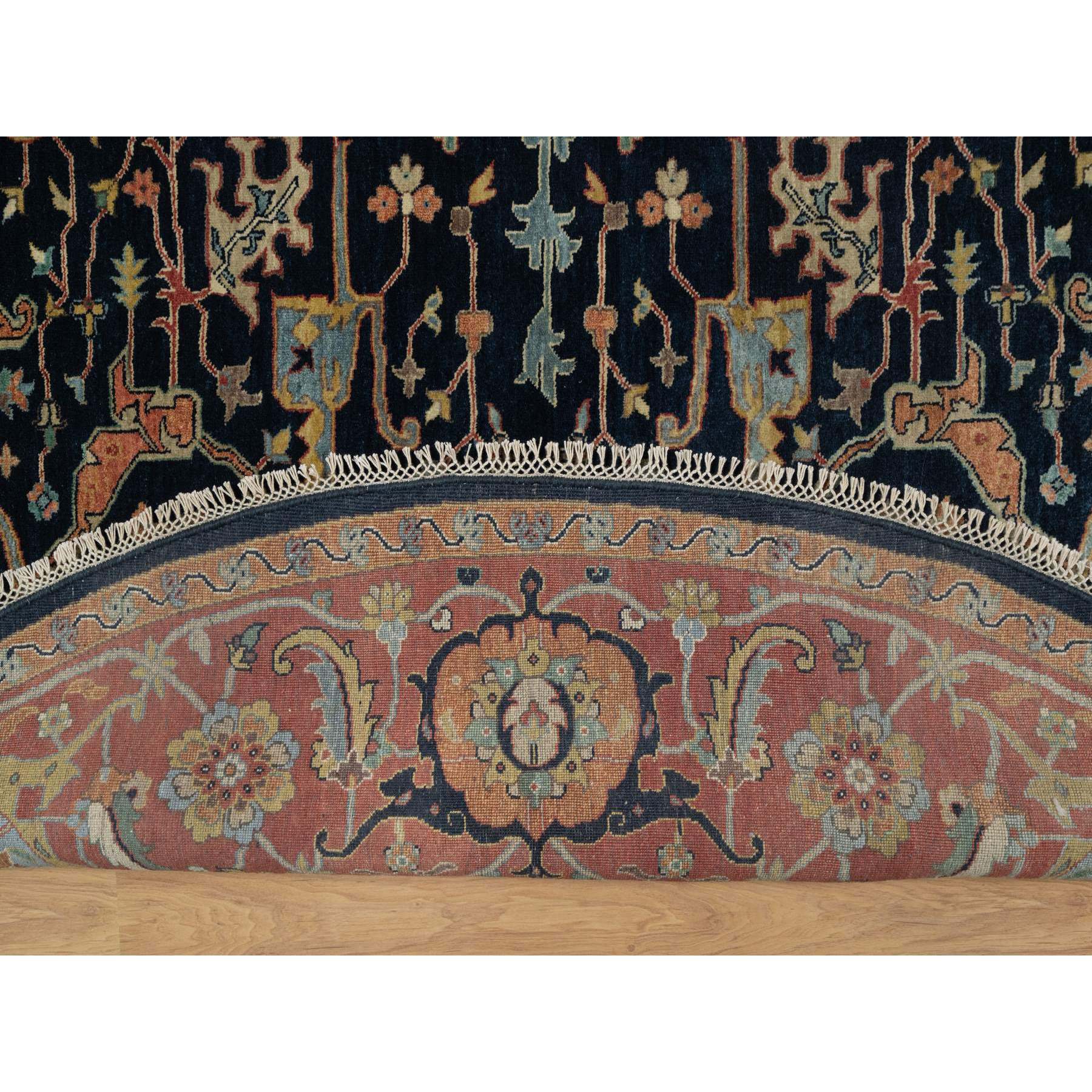 10'1"x10'1" Midnight Blue, Antiqued Fine Heriz Re-Creation with All Over Vines Design, Hand Knotted, Soft Pile, Vegetable Dyes, 100% Wool, Round, Oriental Rug Sh91406