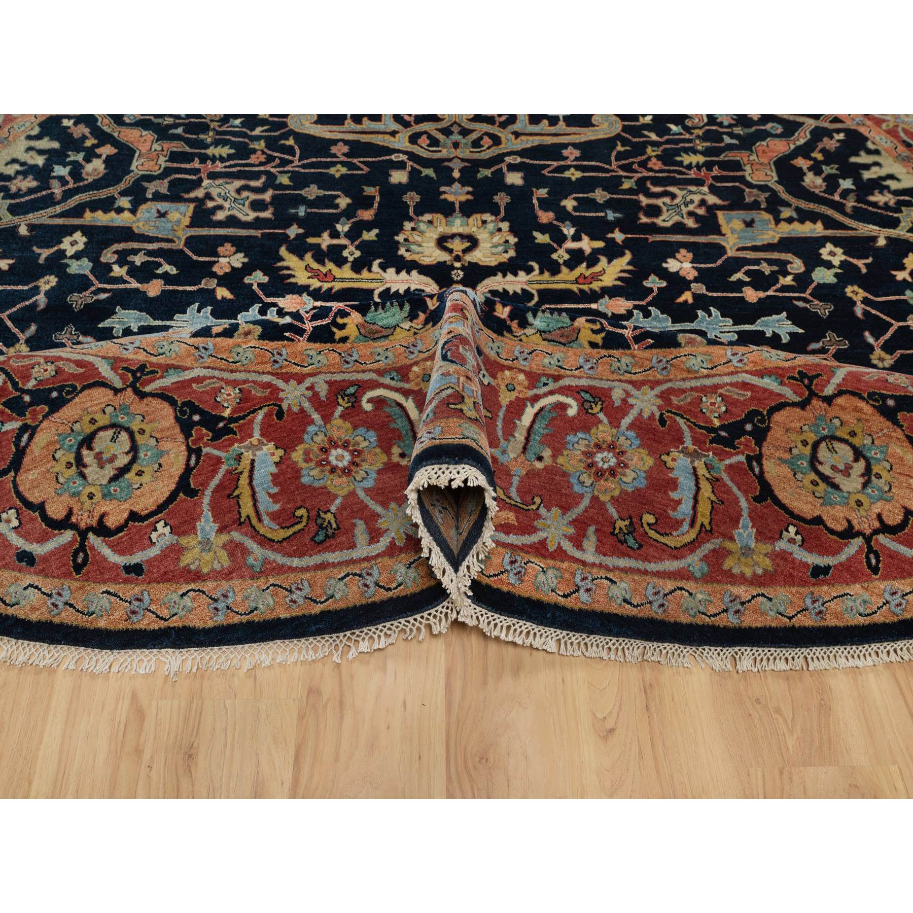 10'1"x10'1" Midnight Blue, Antiqued Fine Heriz Re-Creation with All Over Vines Design, Hand Knotted, Soft Pile, Vegetable Dyes, 100% Wool, Round, Oriental Rug Sh91406