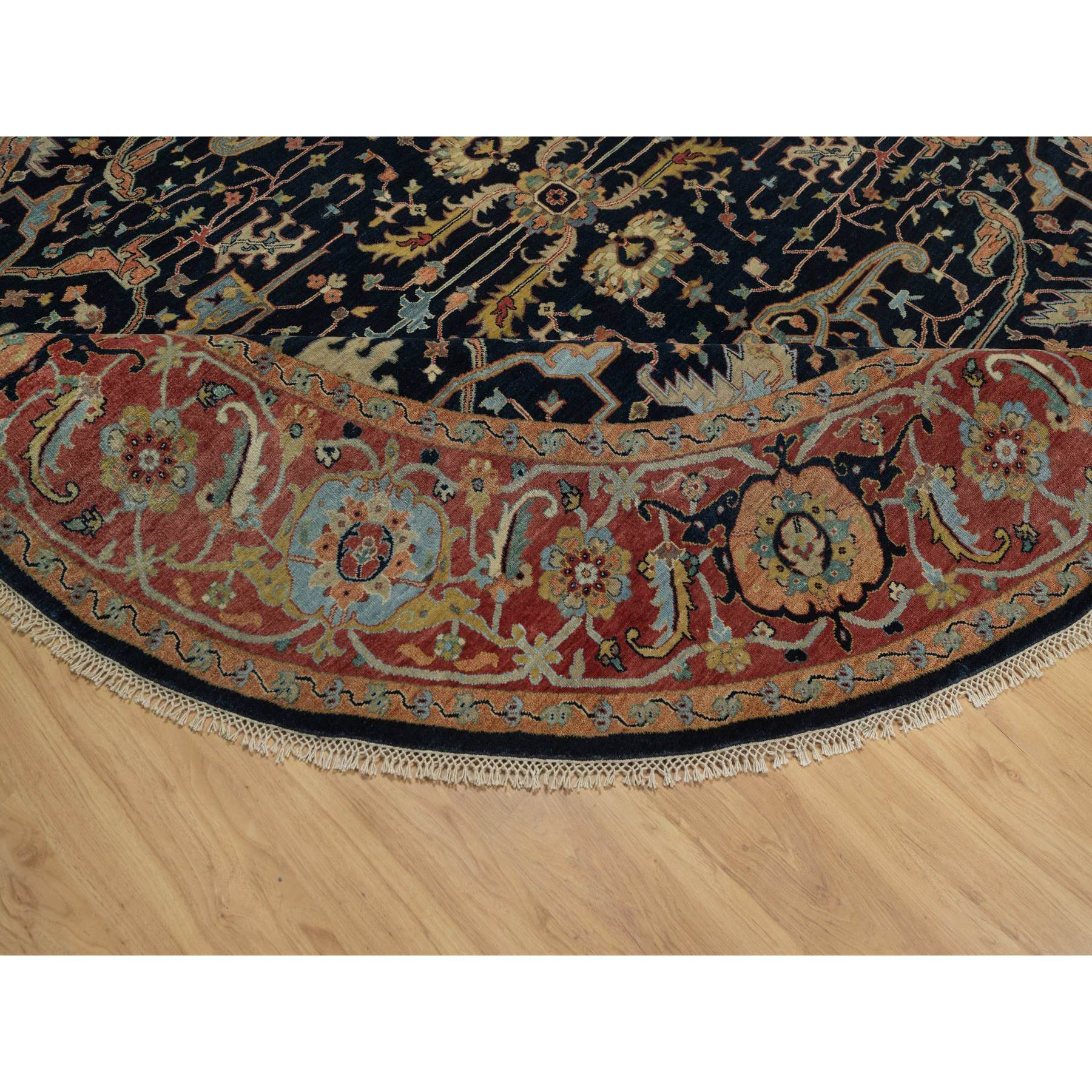 10'1"x10'1" Midnight Blue, Antiqued Fine Heriz Re-Creation with All Over Vines Design, Hand Knotted, Soft Pile, Vegetable Dyes, 100% Wool, Round, Oriental Rug Sh91406