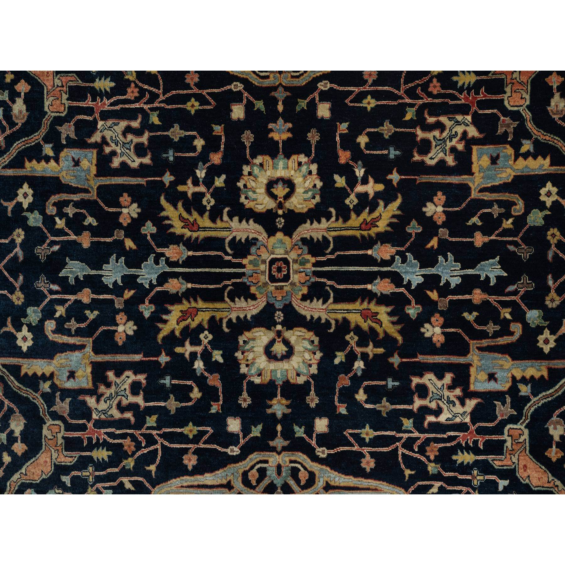 10'1"x10'1" Midnight Blue, Antiqued Fine Heriz Re-Creation with All Over Vines Design, Hand Knotted, Soft Pile, Vegetable Dyes, 100% Wool, Round, Oriental Rug Sh91406