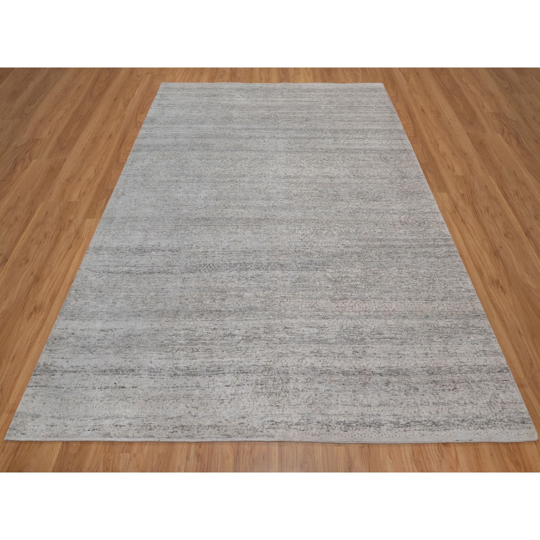 8'1"x10'2" Light Gray with Soft Colors, Nepali Weave, Modern Design, Undyed Natural Wool, Shaved Low, Tone on Tone, Hand Knotted, Oriental Rug Sh91409