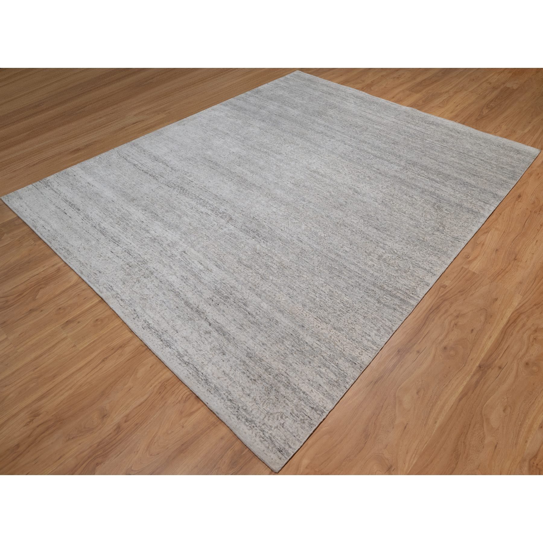8'1"x10'2" Light Gray with Soft Colors, Nepali Weave, Modern Design, Undyed Natural Wool, Shaved Low, Tone on Tone, Hand Knotted, Oriental Rug Sh91409